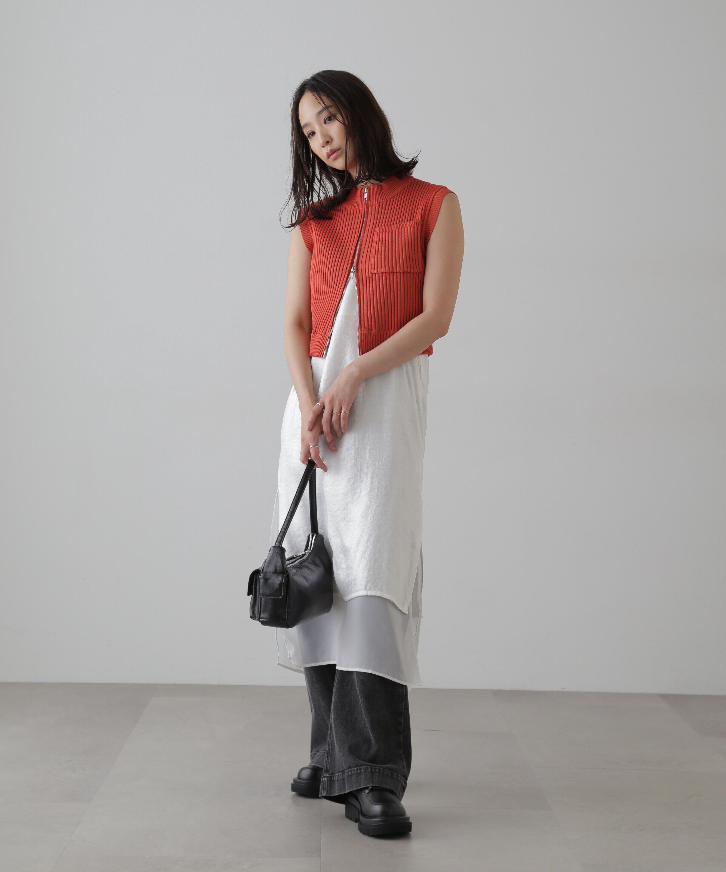  「バイカースタンド配色リブニットベスト」|ニット・セーター|