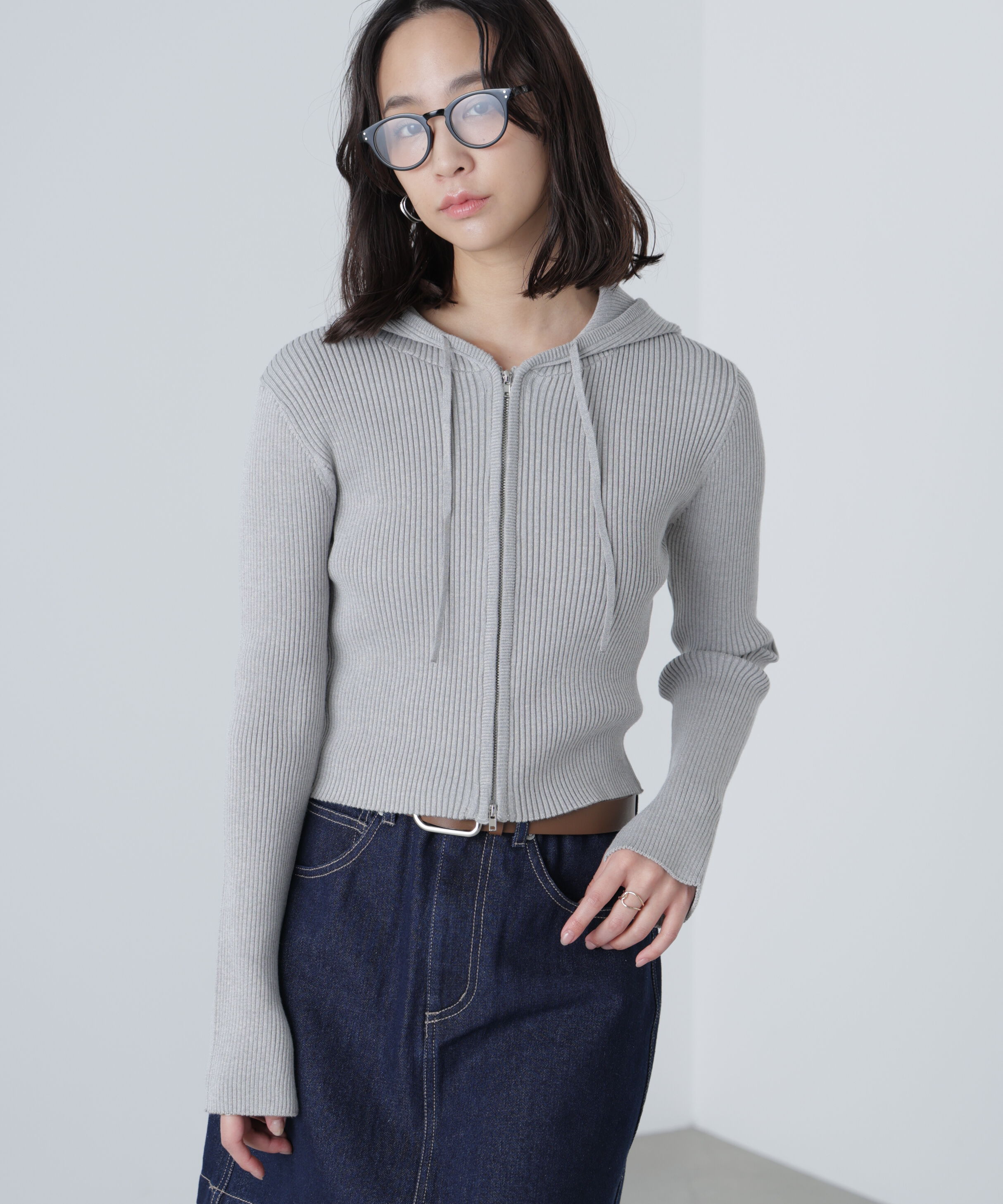  「配色リブショート丈ニットパーカー」|ニット・セーター|