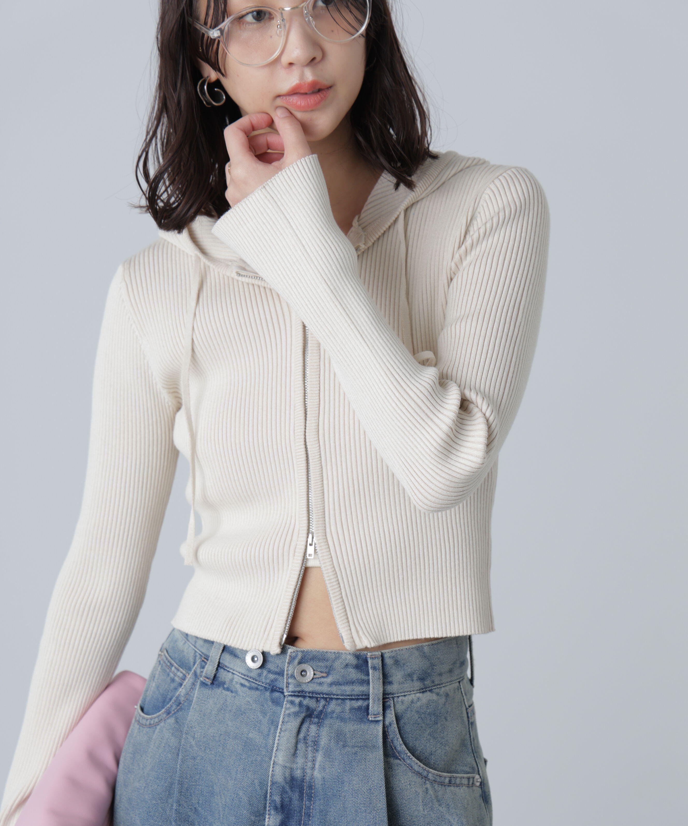  「配色リブショート丈ニットパーカー」|ニット・セーター|