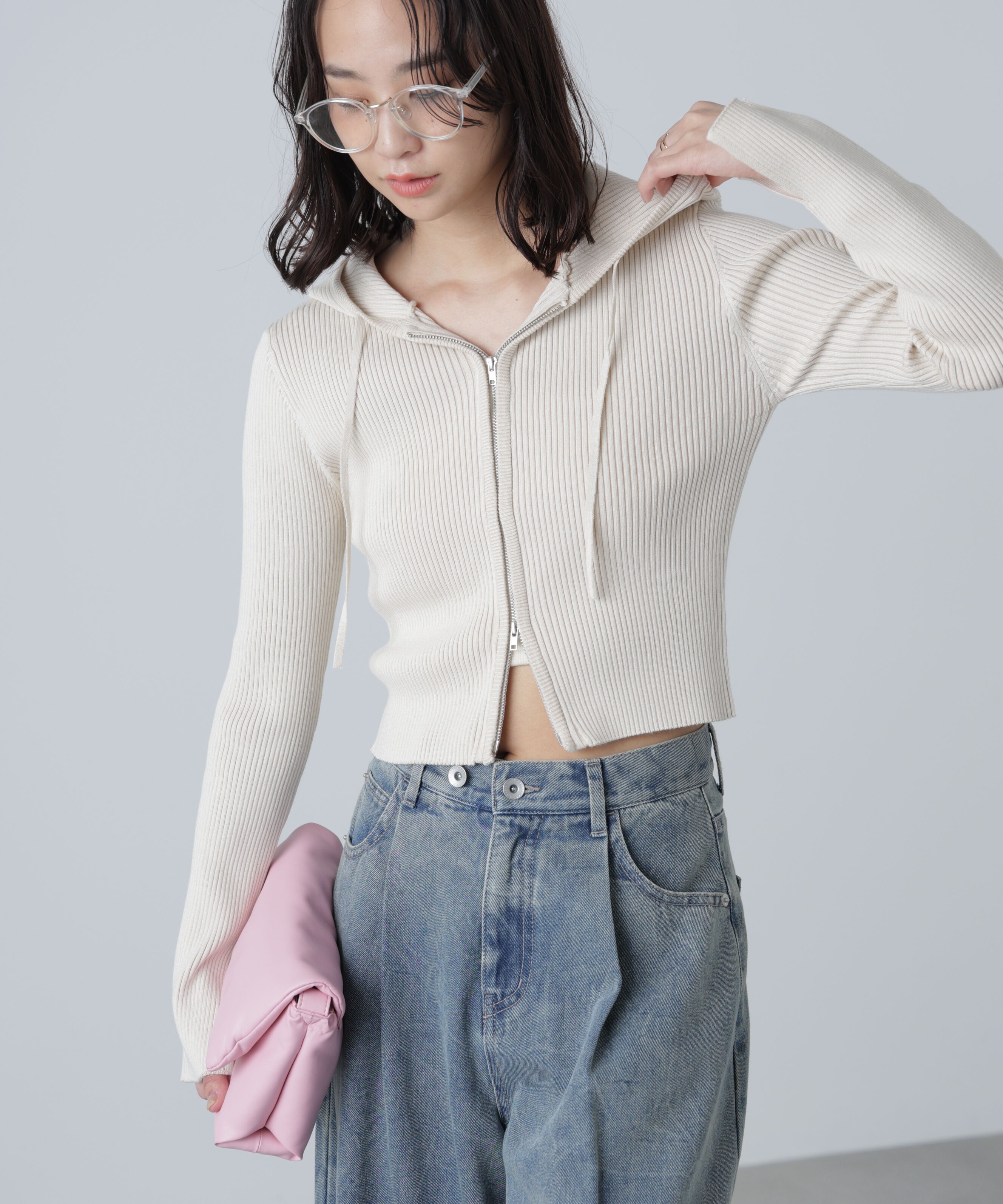  「配色リブショート丈ニットパーカー」|ニット・セーター|