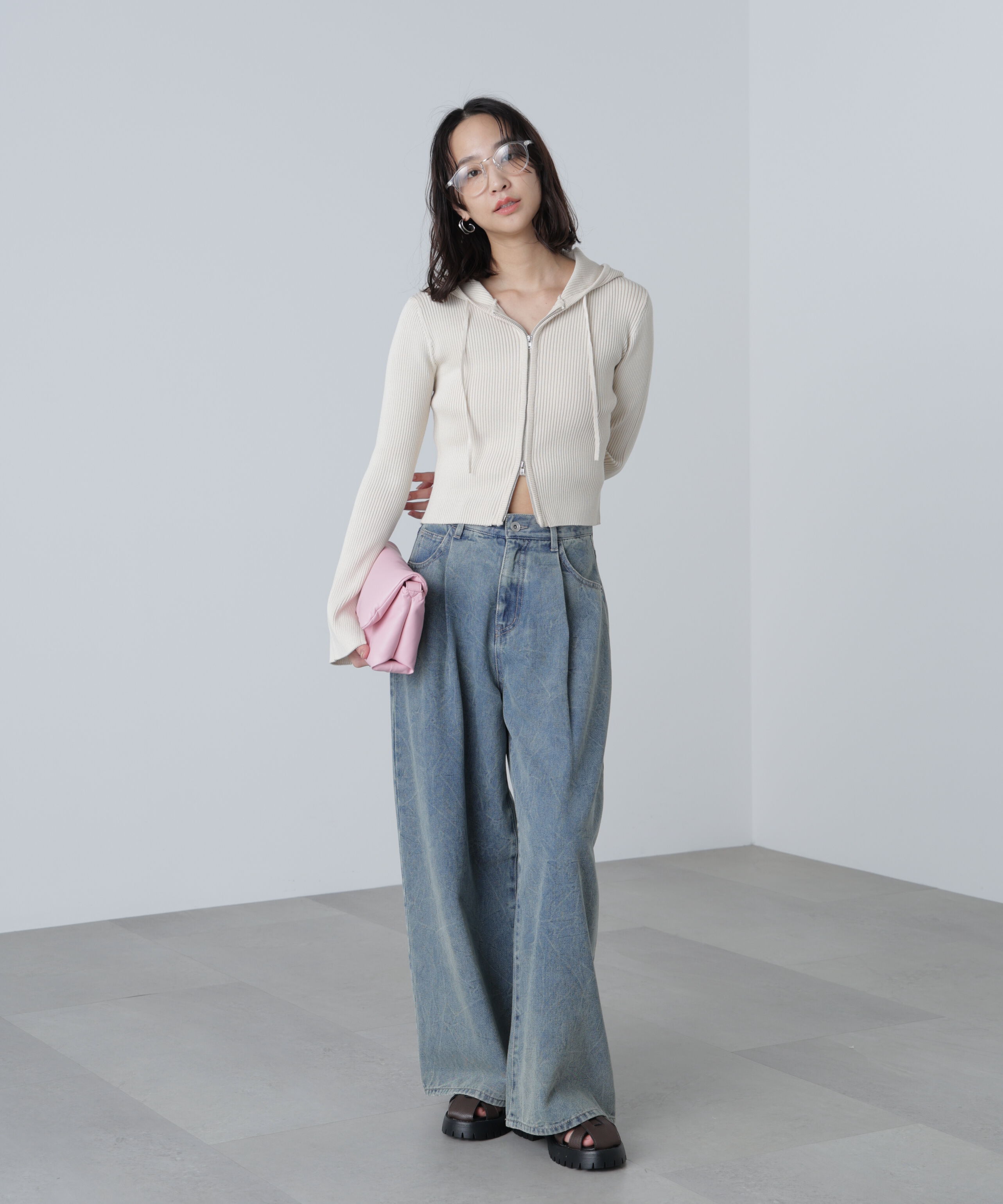  「配色リブショート丈ニットパーカー」|ニット・セーター|