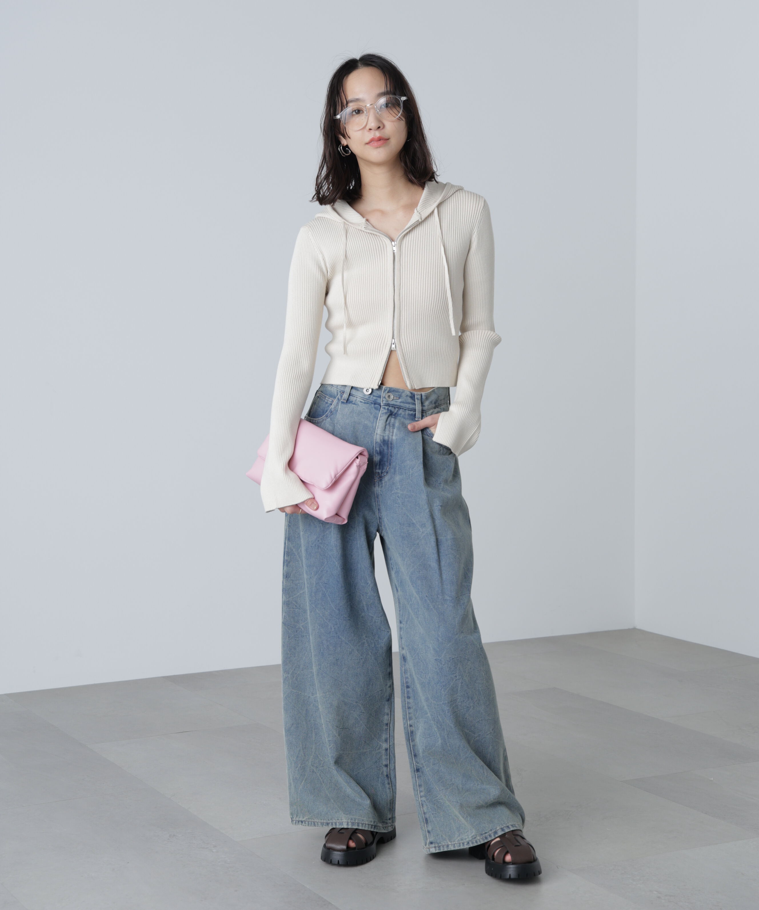  「配色リブショート丈ニットパーカー」|ニット・セーター|