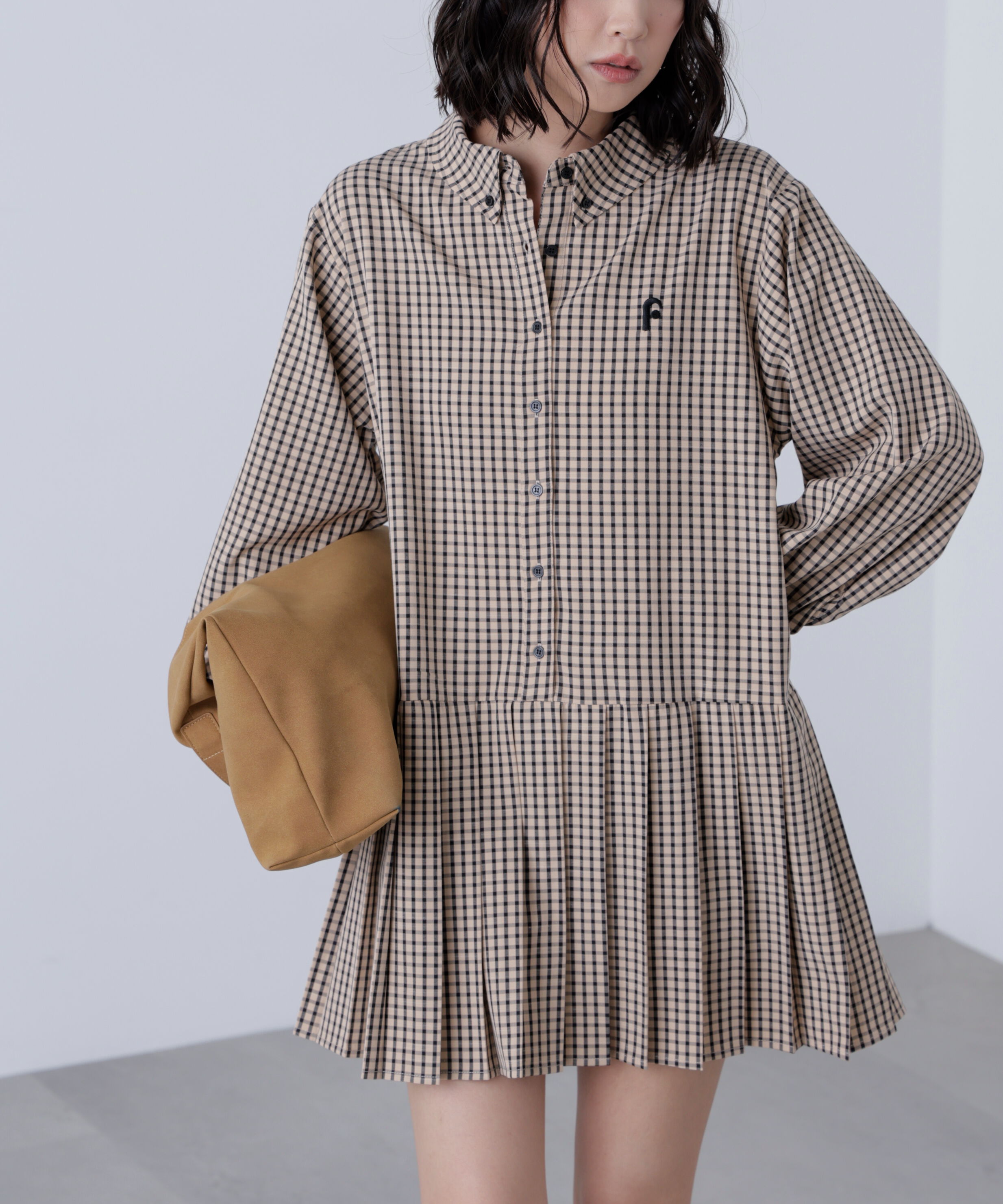  「プリーツシャツロングスリーブミニワンピース」|ワンピース|