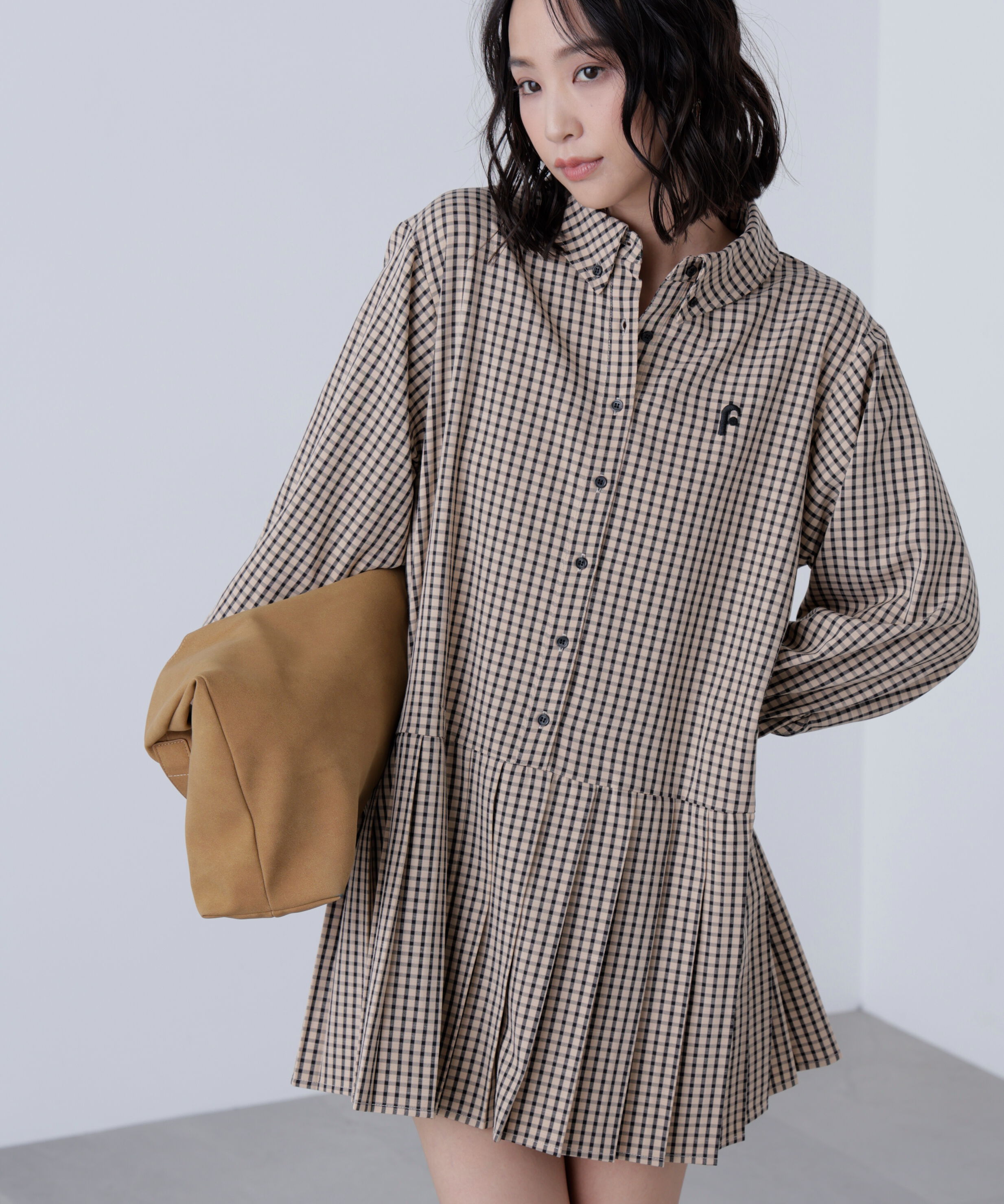  「プリーツシャツロングスリーブミニワンピース」|ワンピース|