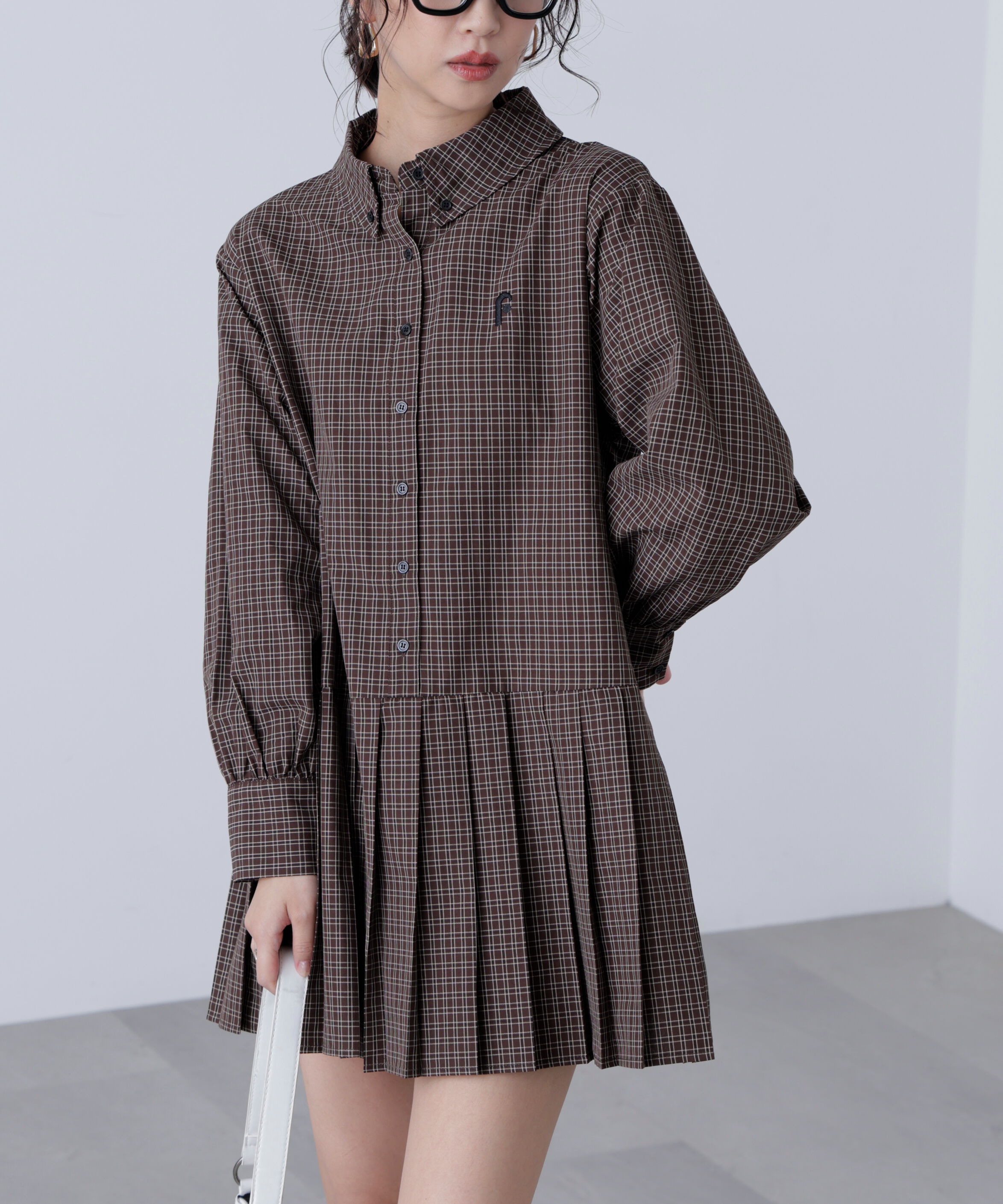  「プリーツシャツロングスリーブミニワンピース」|ワンピース|