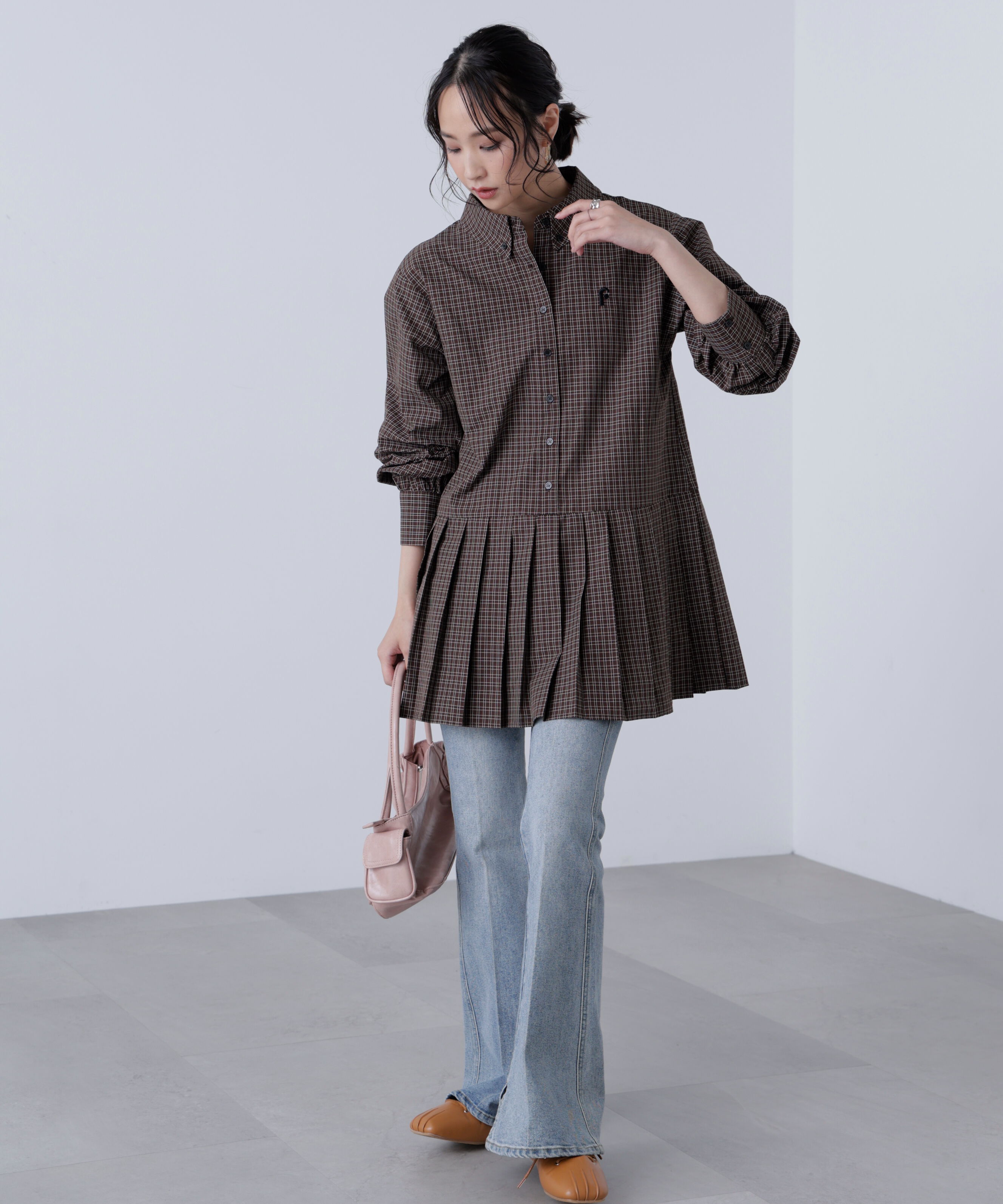  「プリーツシャツロングスリーブミニワンピース」|ワンピース|