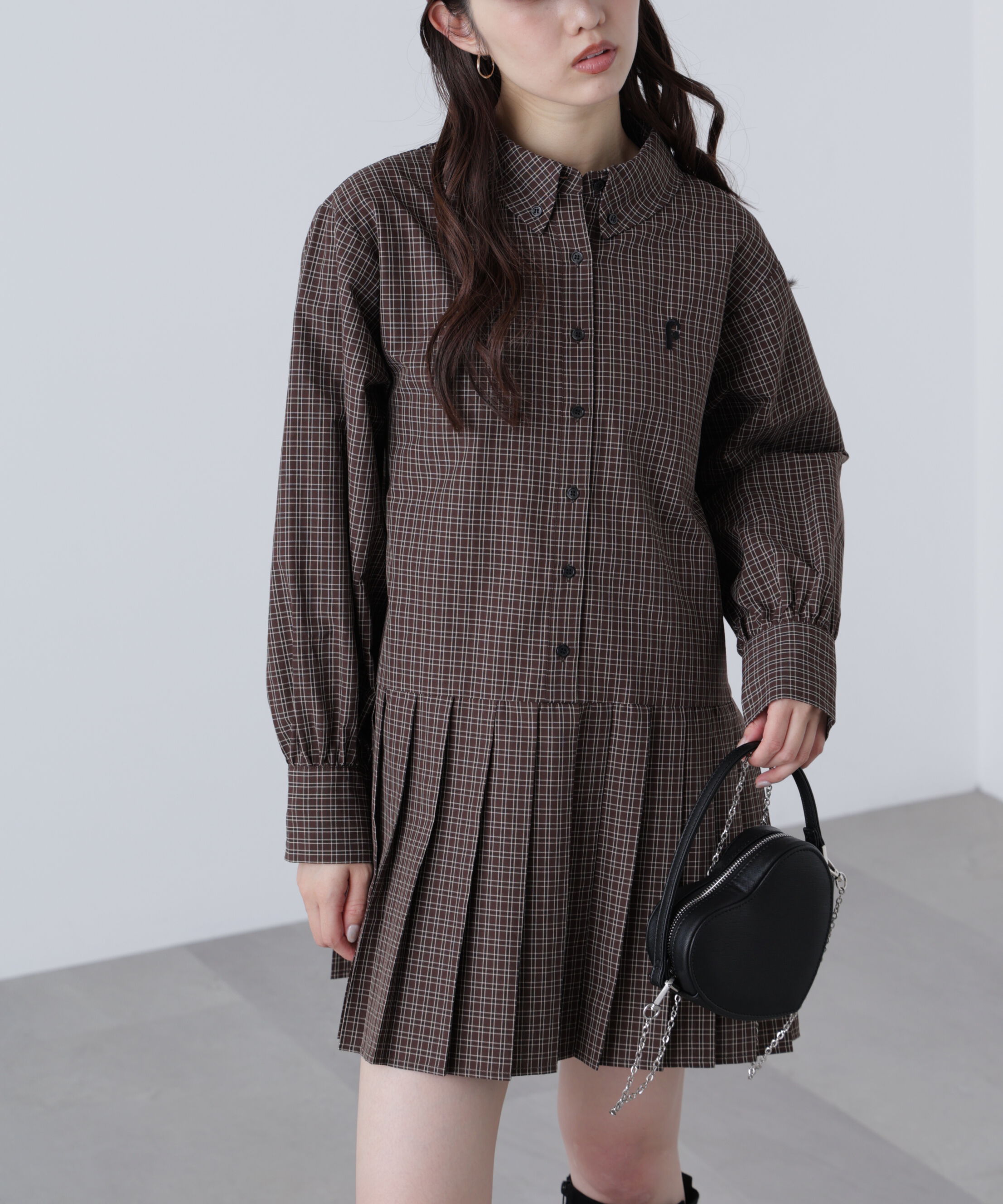  「プリーツシャツロングスリーブミニワンピース」|ワンピース|