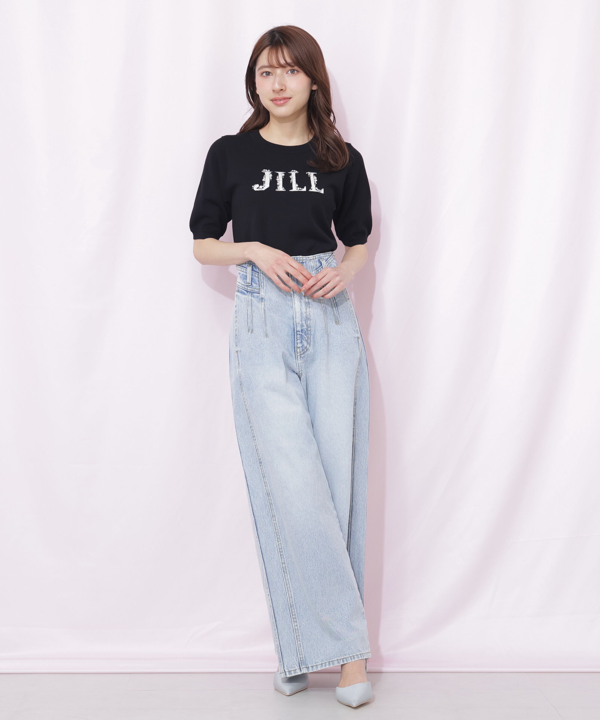  「半袖ロゴジャカードビジューニット」|ニット・セーター|