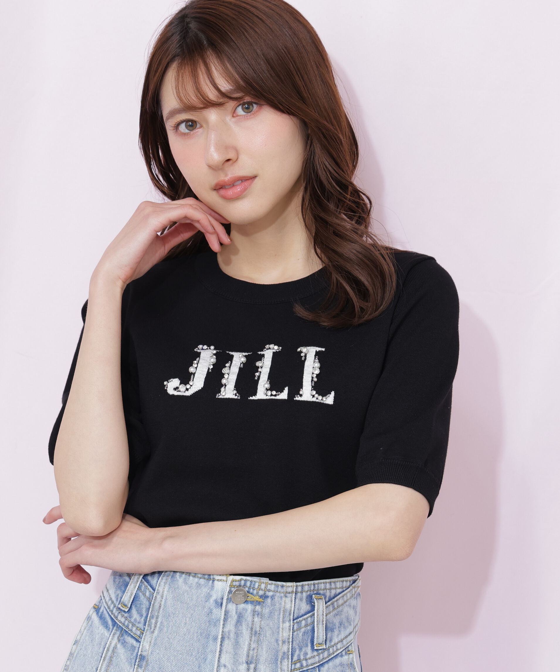  「半袖ロゴジャカードビジューニット」|ニット・セーター|