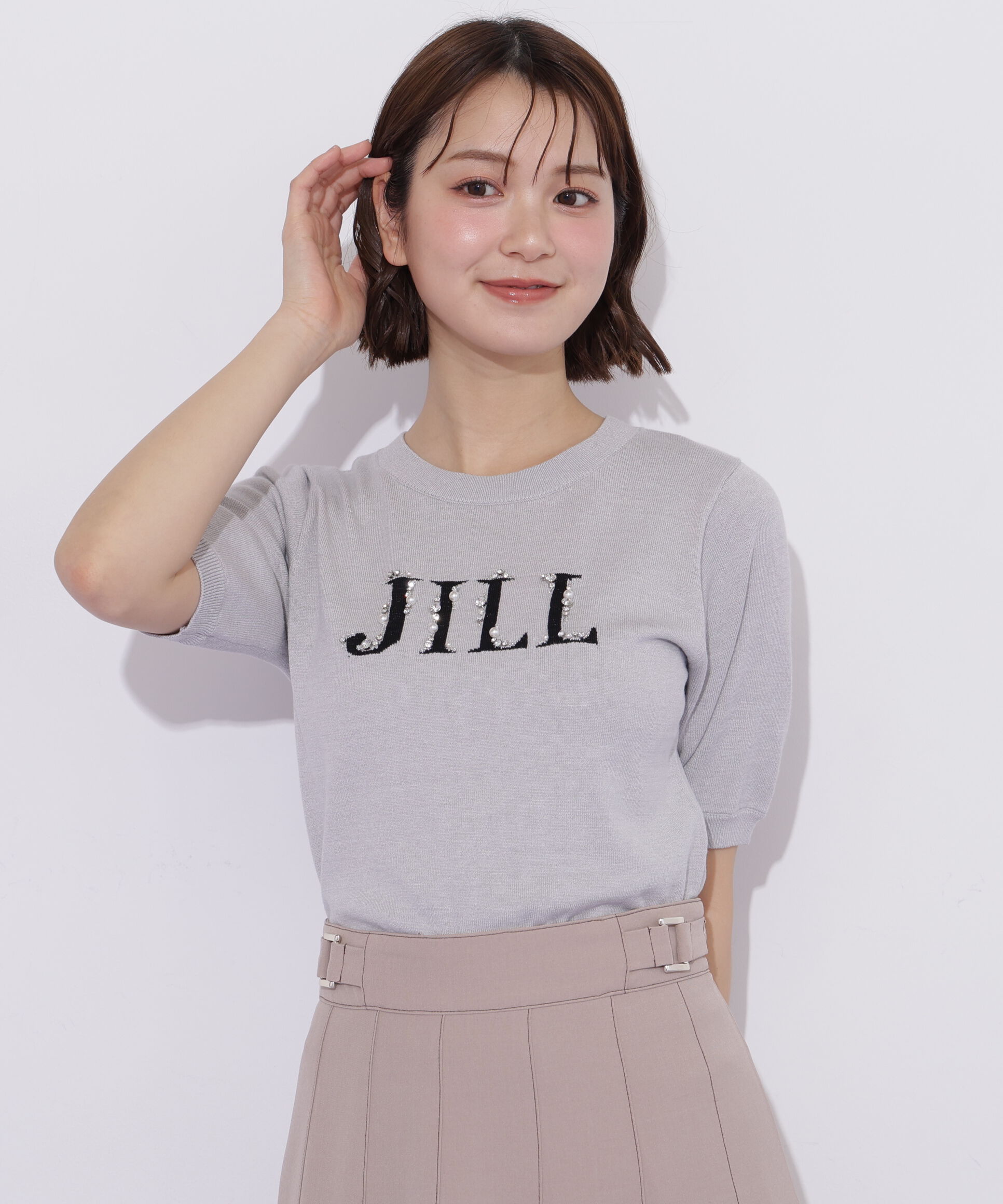  「半袖ロゴジャカードビジューニット」|ニット・セーター|