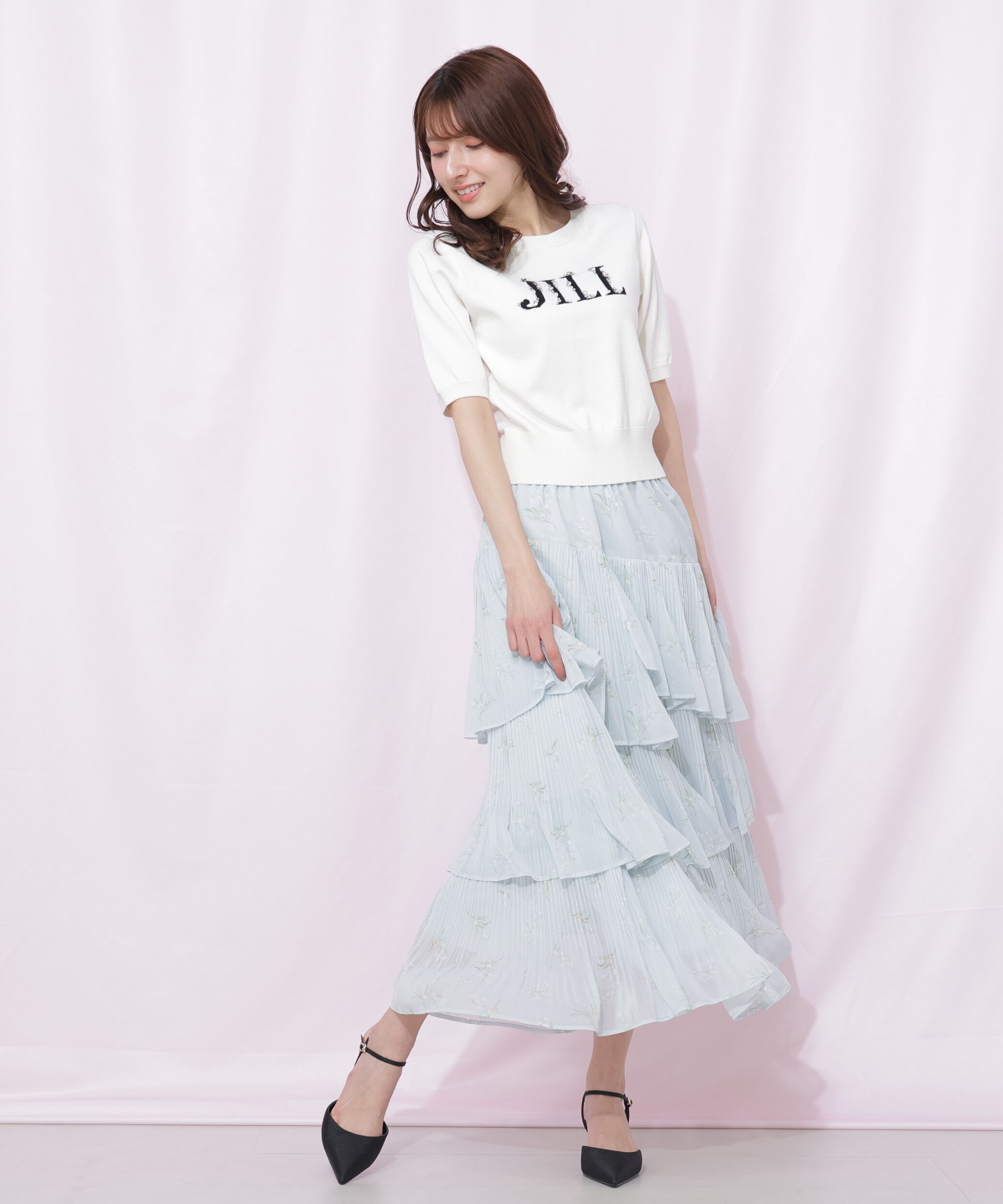  「半袖ロゴジャカードビジューニット」|ニット・セーター|