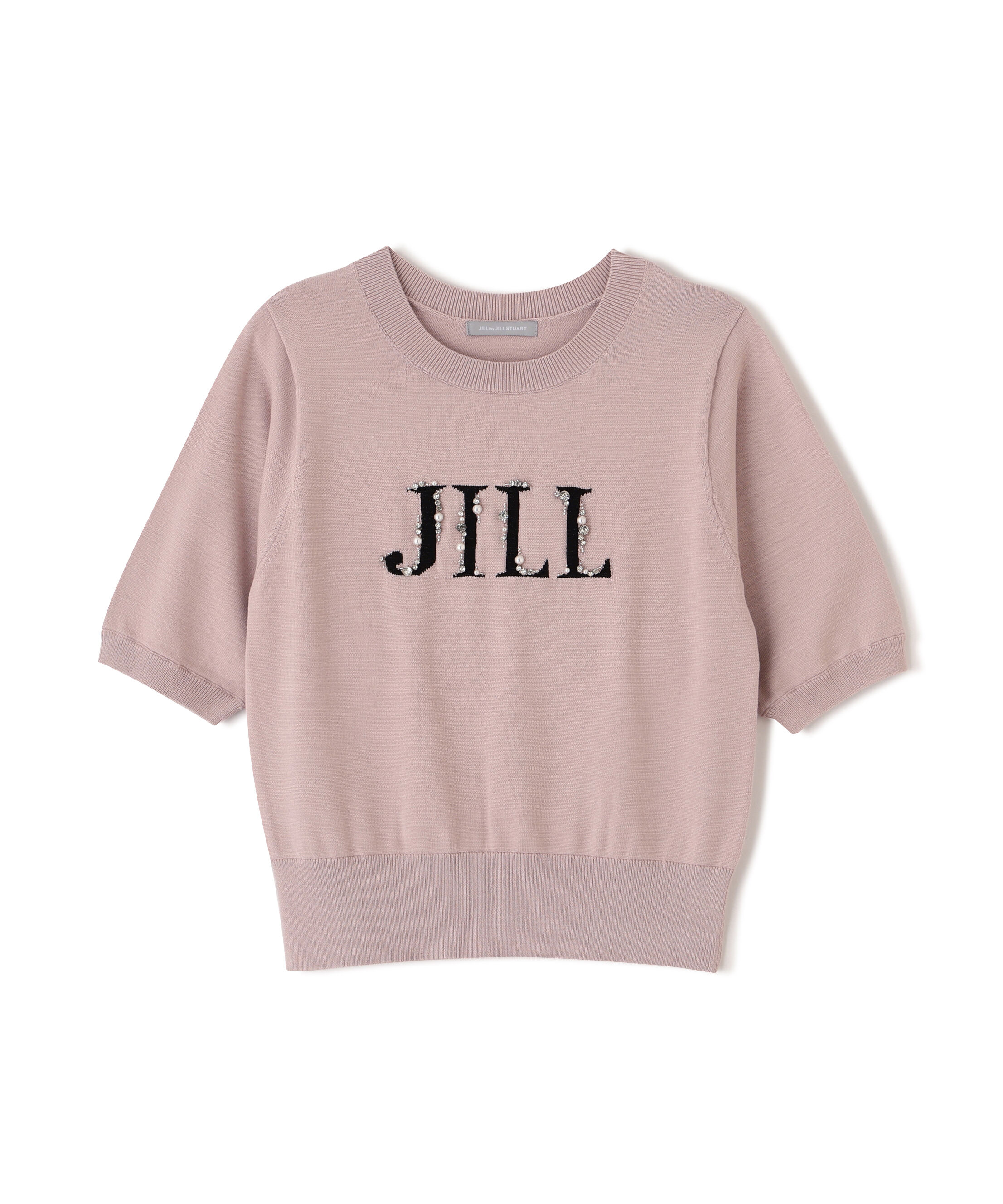  「半袖ロゴジャカードビジューニット」|ニット・セーター|ピンク