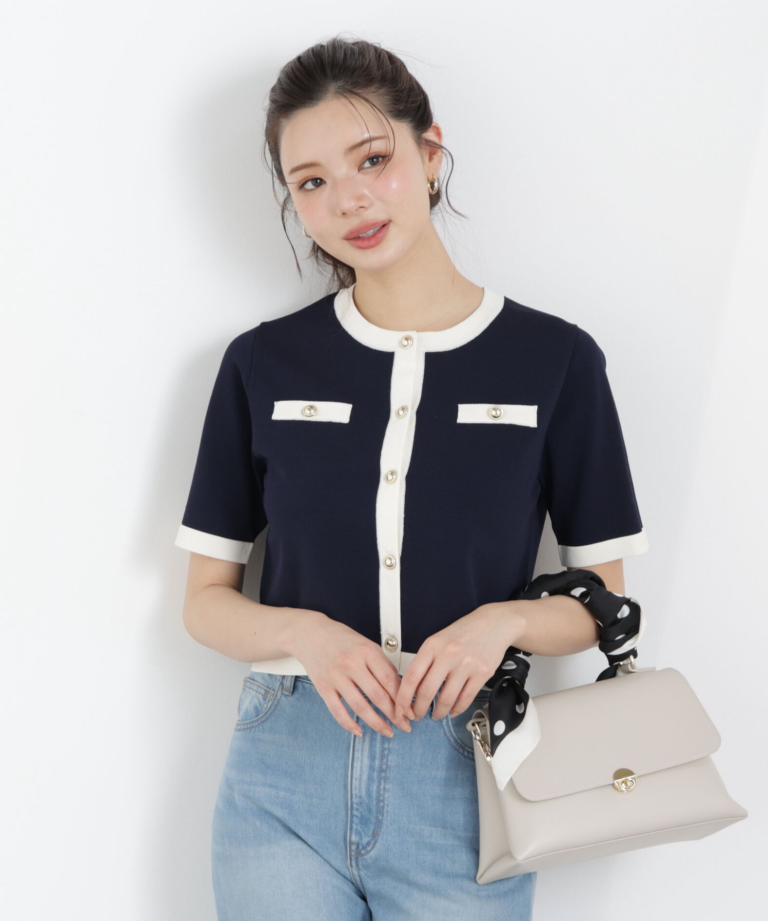 PROPORTION BODY DRESSING「ハーフスリーブバイカラーニットカーディガン　26SS」|カーディガン|ネイビー&times;エク