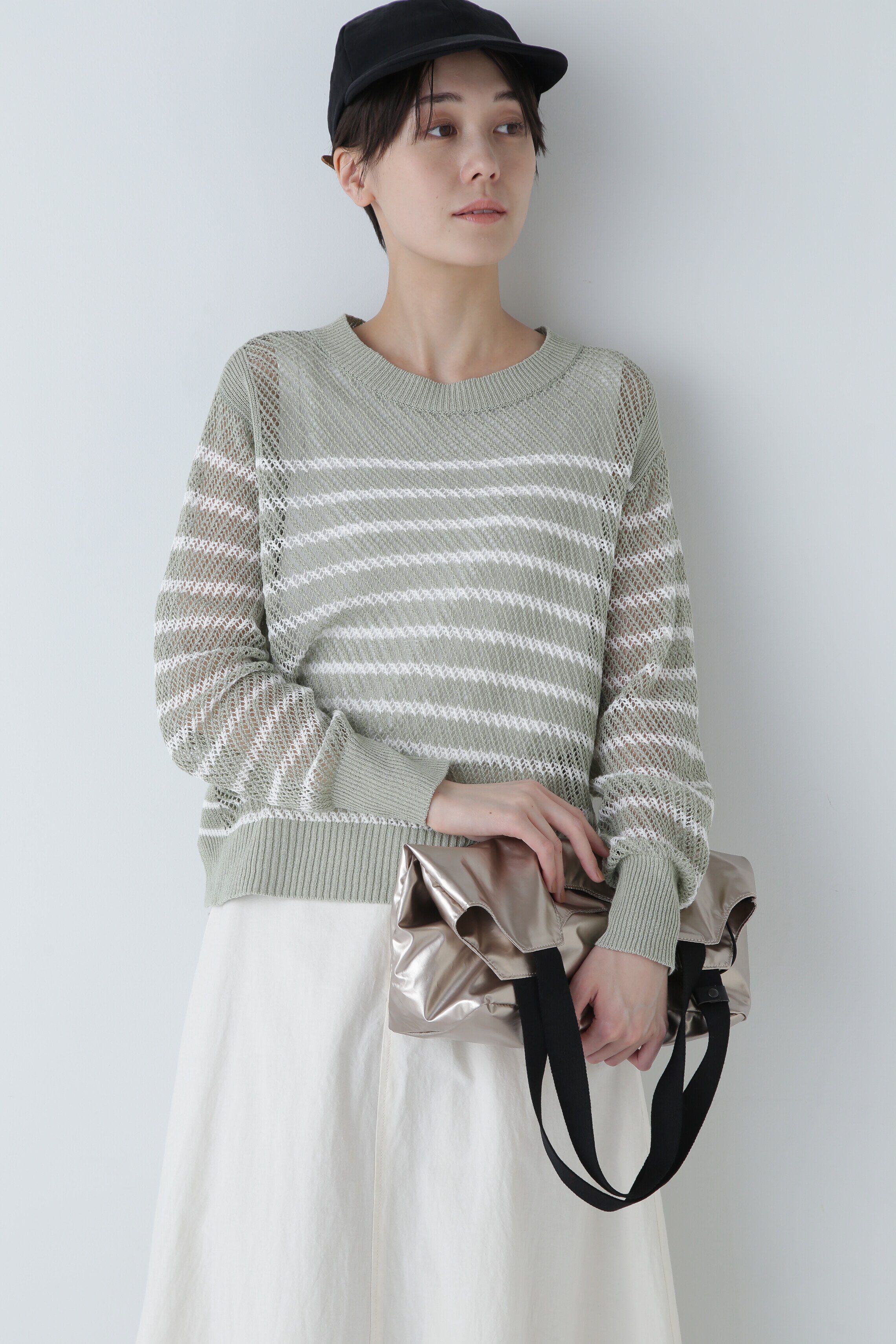  「◆メッシュボーダーニット」|ニット・セーター|グリーン&times;ホ  3