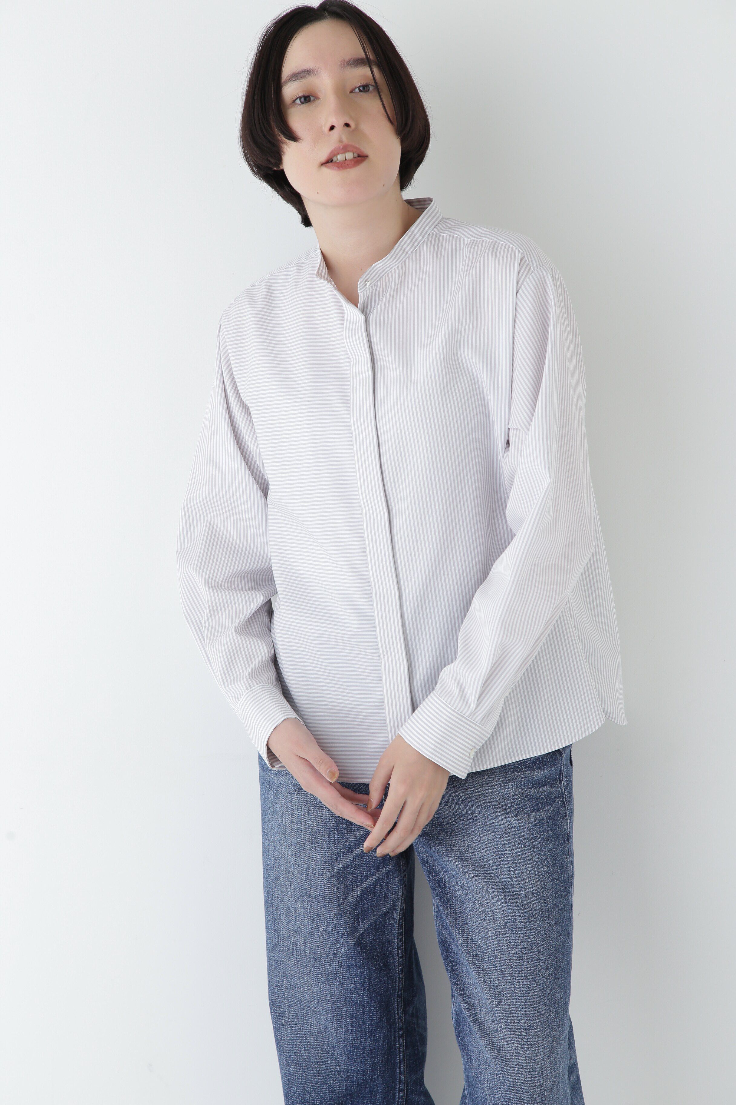  「◆コットンロンストバンドカラーブラウス」|シャツ・ブラウス|