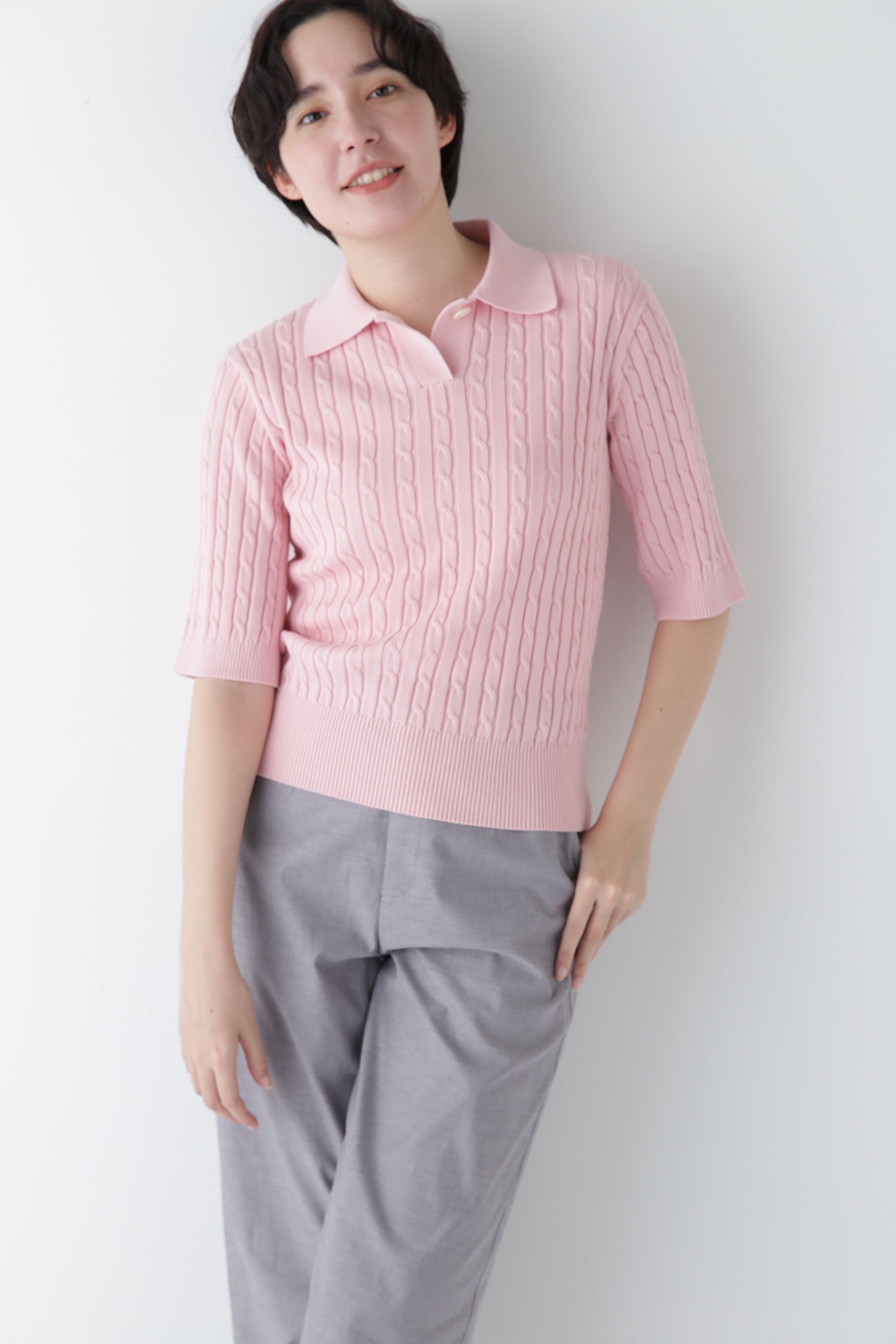  「◆【ウォッシャブル】コットンケーブル柄ポロニットプルオーバー」|ニット・セーター|