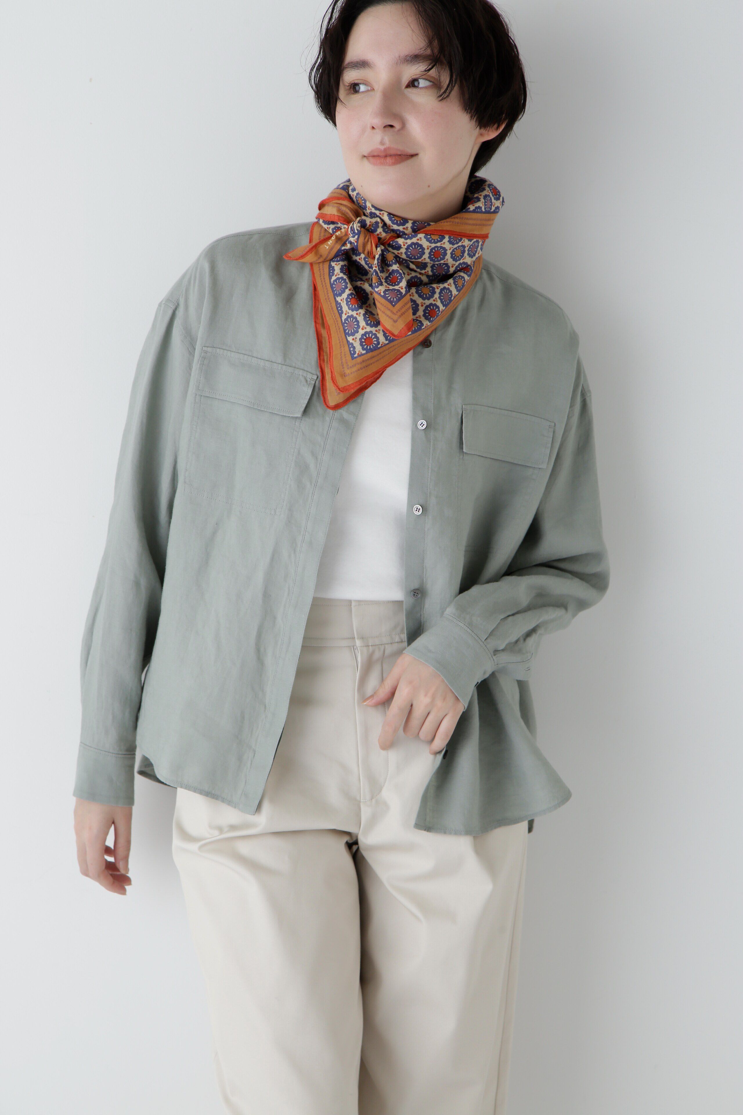  「◆ハードマンリネンバンドカラーシャツブラウス」|シャツ・ブラウス|セージ