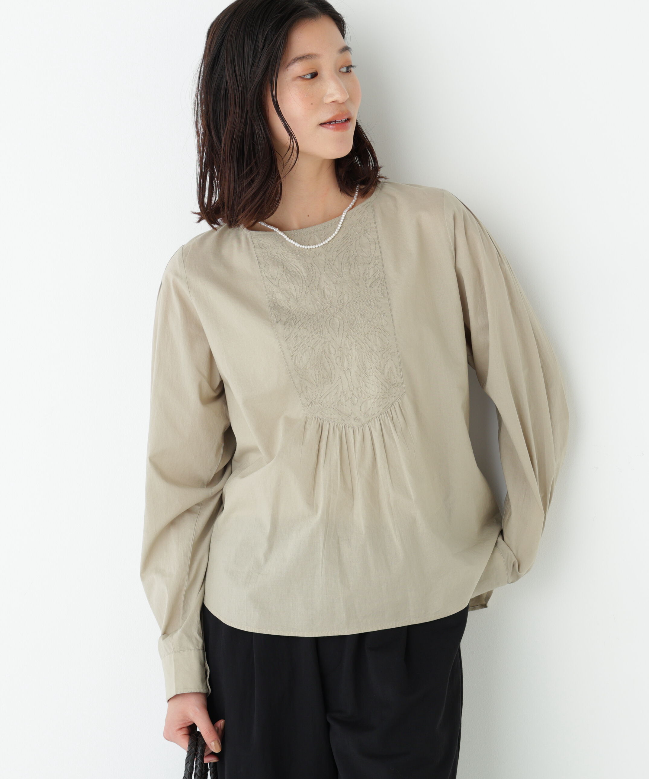  「◆インドキルトヨークノーカラーブラウス」|シャツ・ブラウス|カーキ