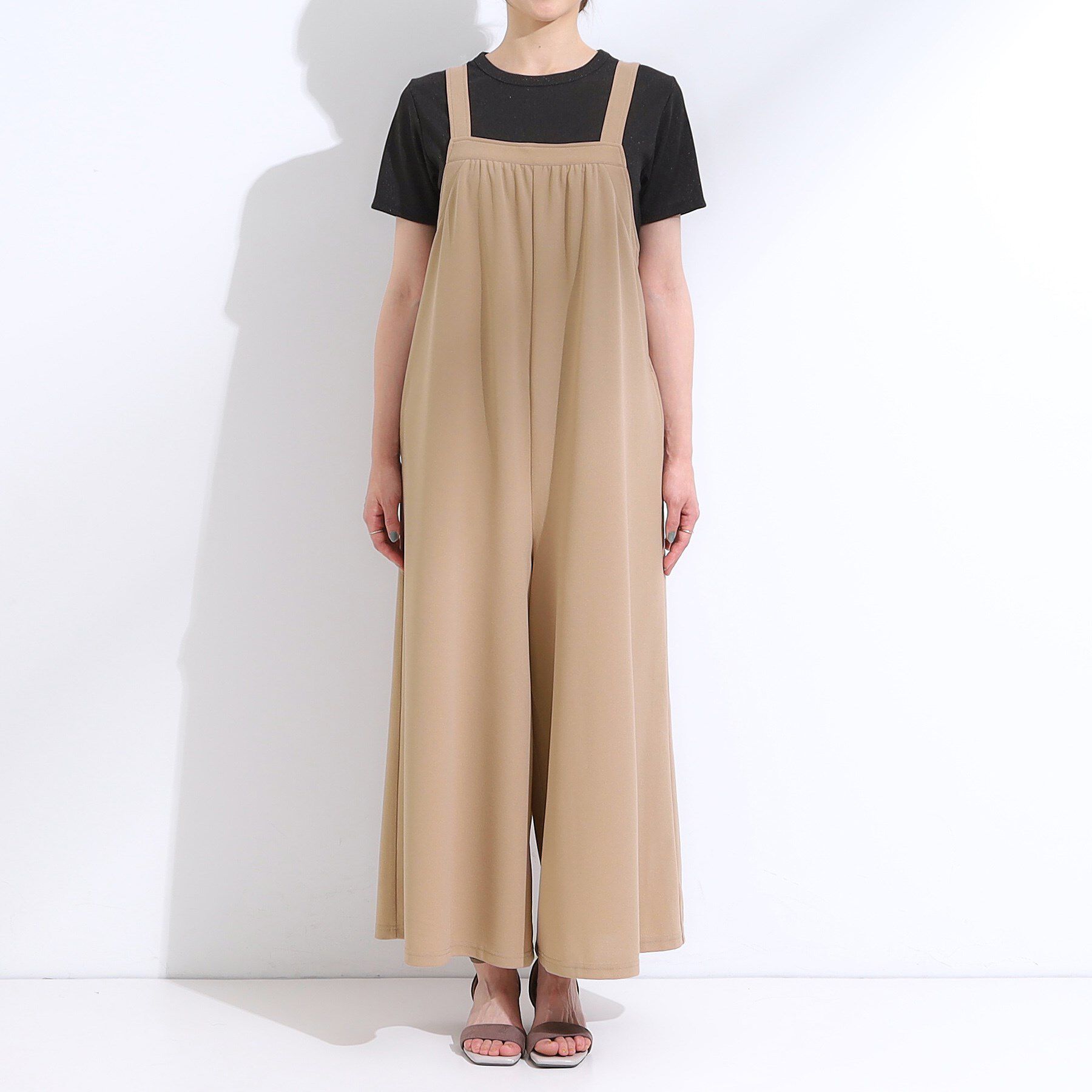 SHOO･LA･RUE「【洗える/S-LL】裏がサラサラ やわらか ギャザーサロペット」|オールインワン|