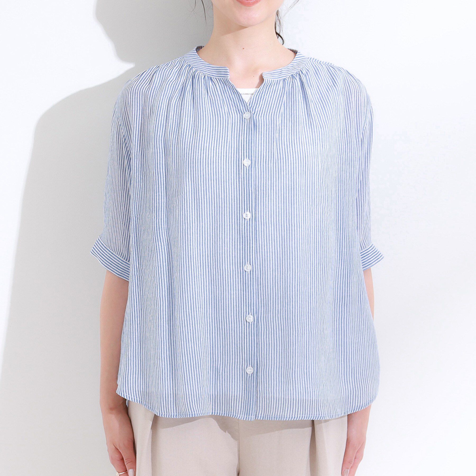 SHOO･LA･RUE「【S-LL/2点セット】着るだけでコーデが決まる 麻調5分袖ブラウス＋タンクトップ」|シャツ・ブラウス|