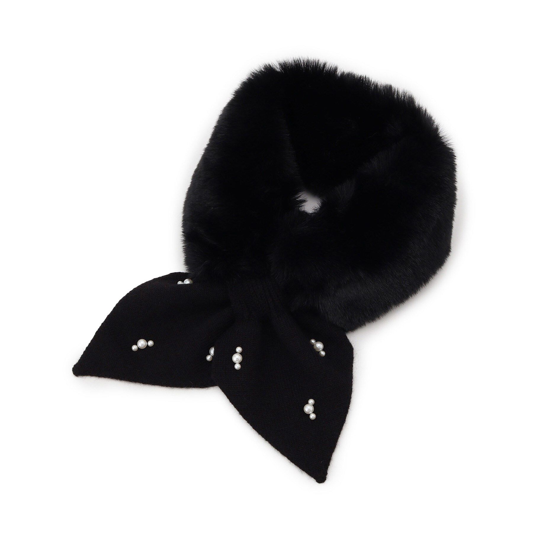 SHOO･LA･RUE「ファー&times;パール風付きニットティペット」|ストール|ブラック(019)