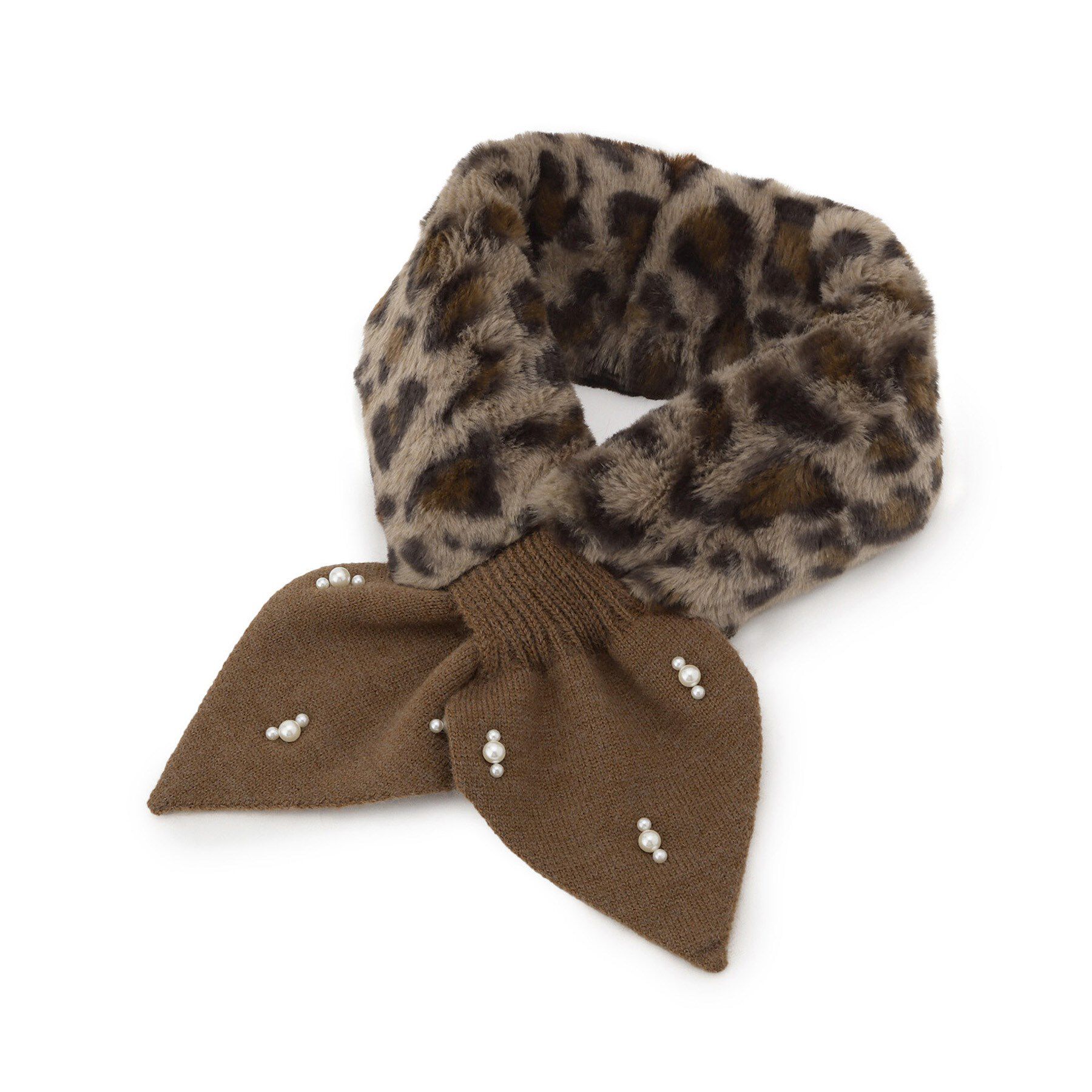 SHOO･LA･RUE「ファー&times;パール風付きニットティペット」|ストール|ブラウン(443)
