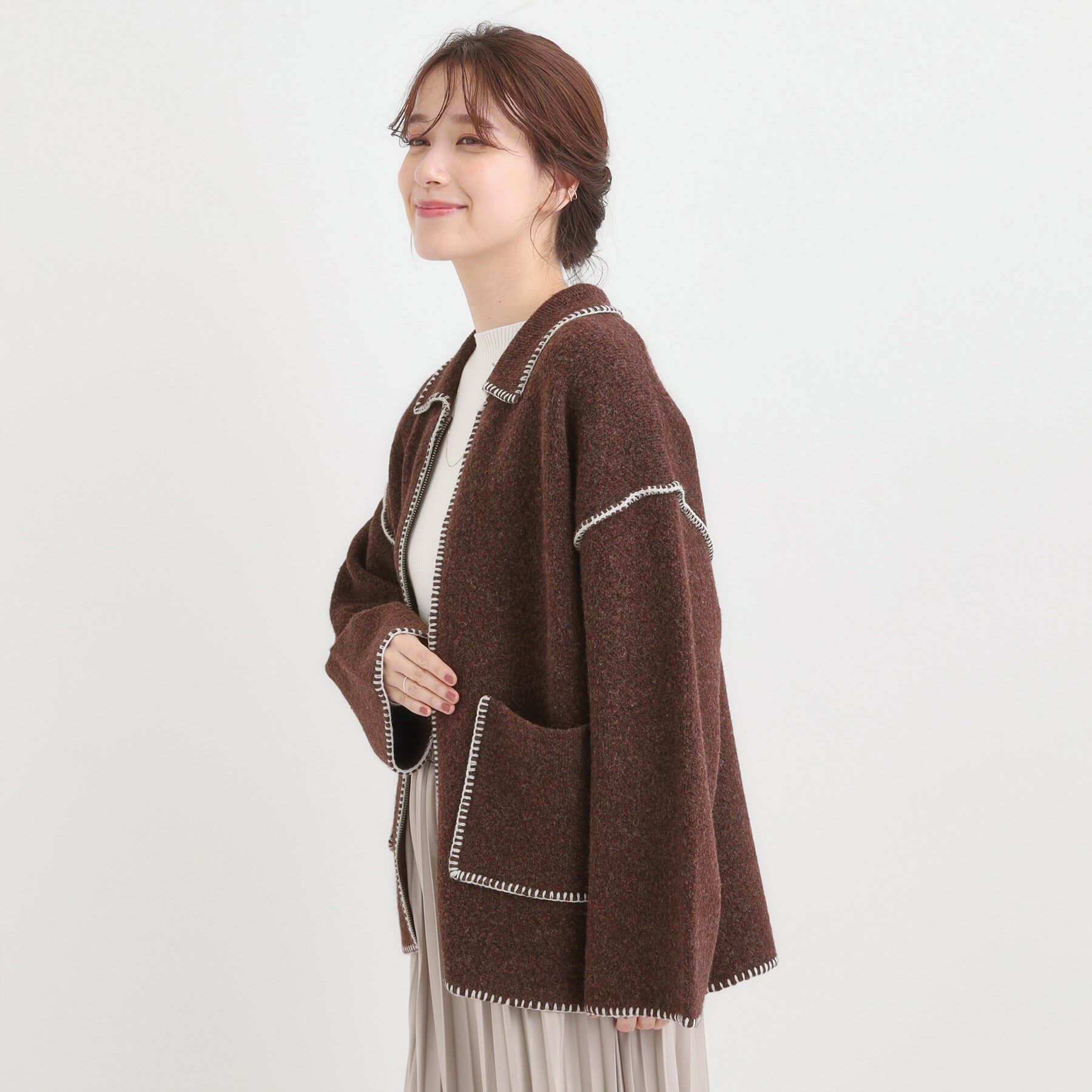 SHOO･LA･RUE「配色ステッチがポイント 襟付きジップニットカーディガン」|カーディガン|