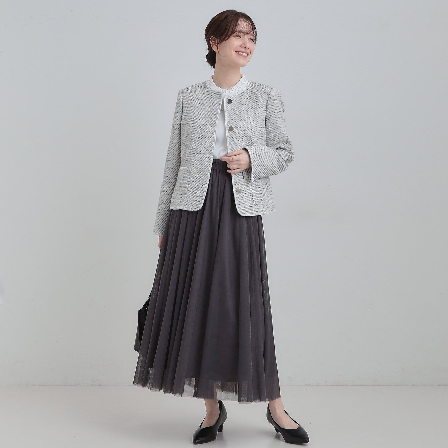 SHOO･LA･RUE「【S-3L】オンとオフで印象が変わる ライトツイードジャケット」|ノーカラージャケット|