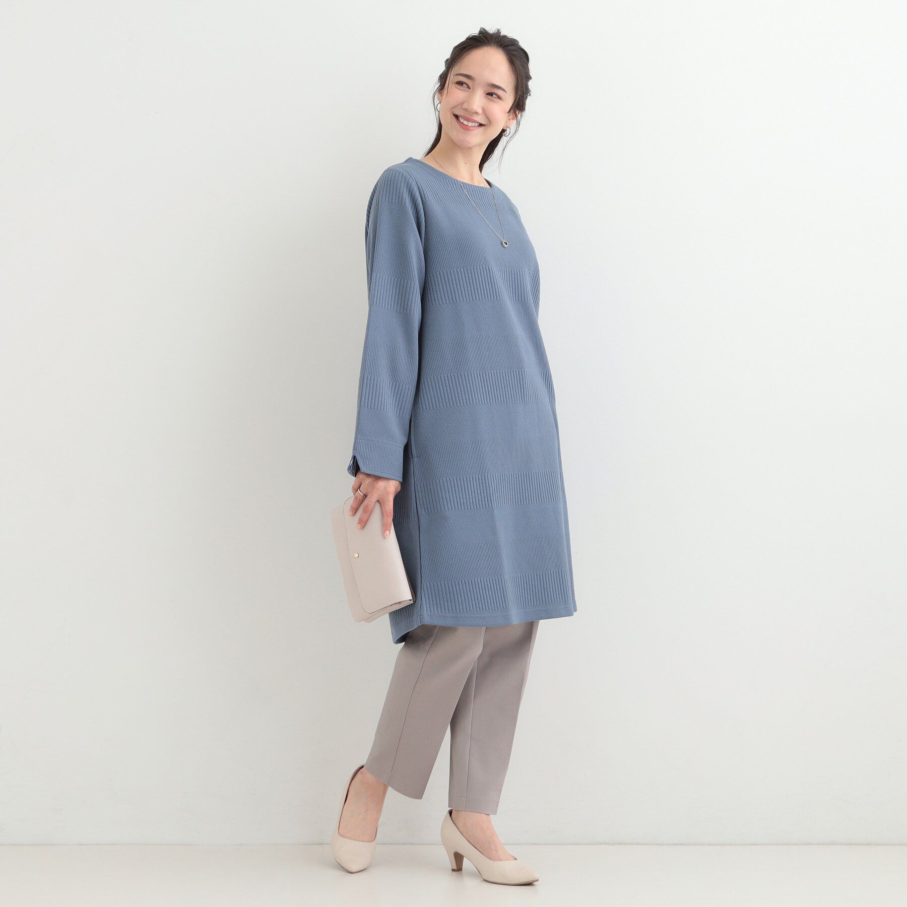 SHOO･LA･RUE「【体型カバー/洗濯機可/S-LL】お袖ストライプAラインチュニック」|チュニック|