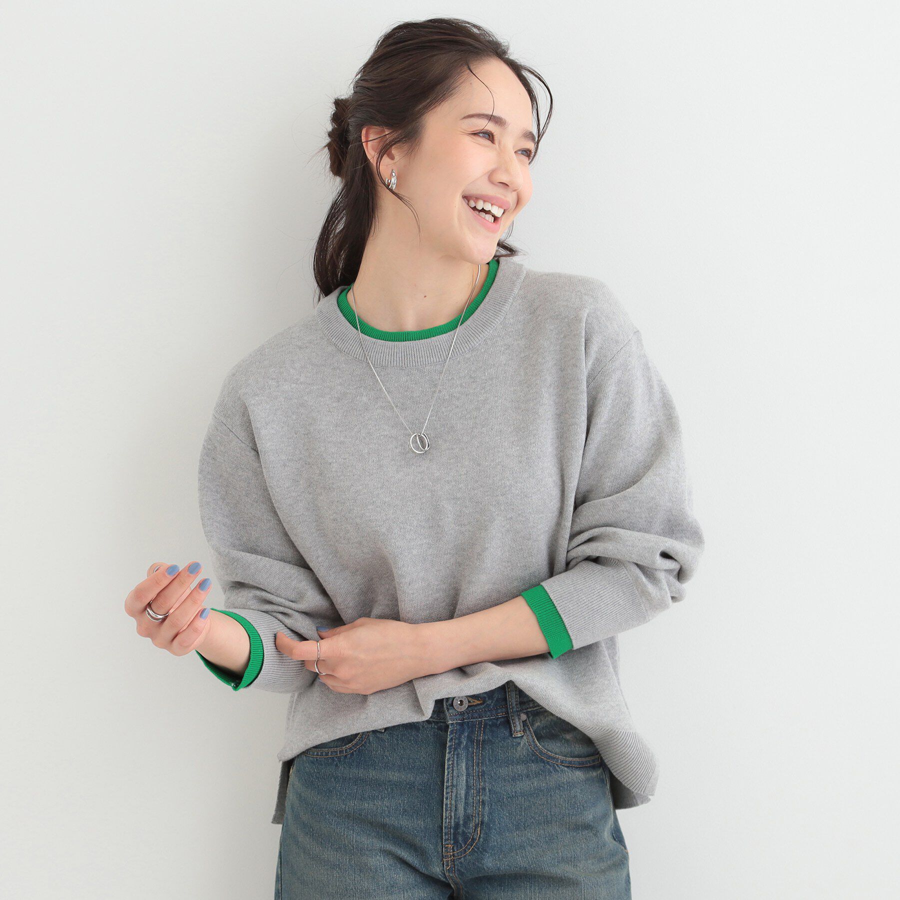 SHOO･LA･RUE「【洗濯機可/S-LL/インしなくても着られる】配色が上品 レイヤード風スウェットライクニット」|ニット・セーター|