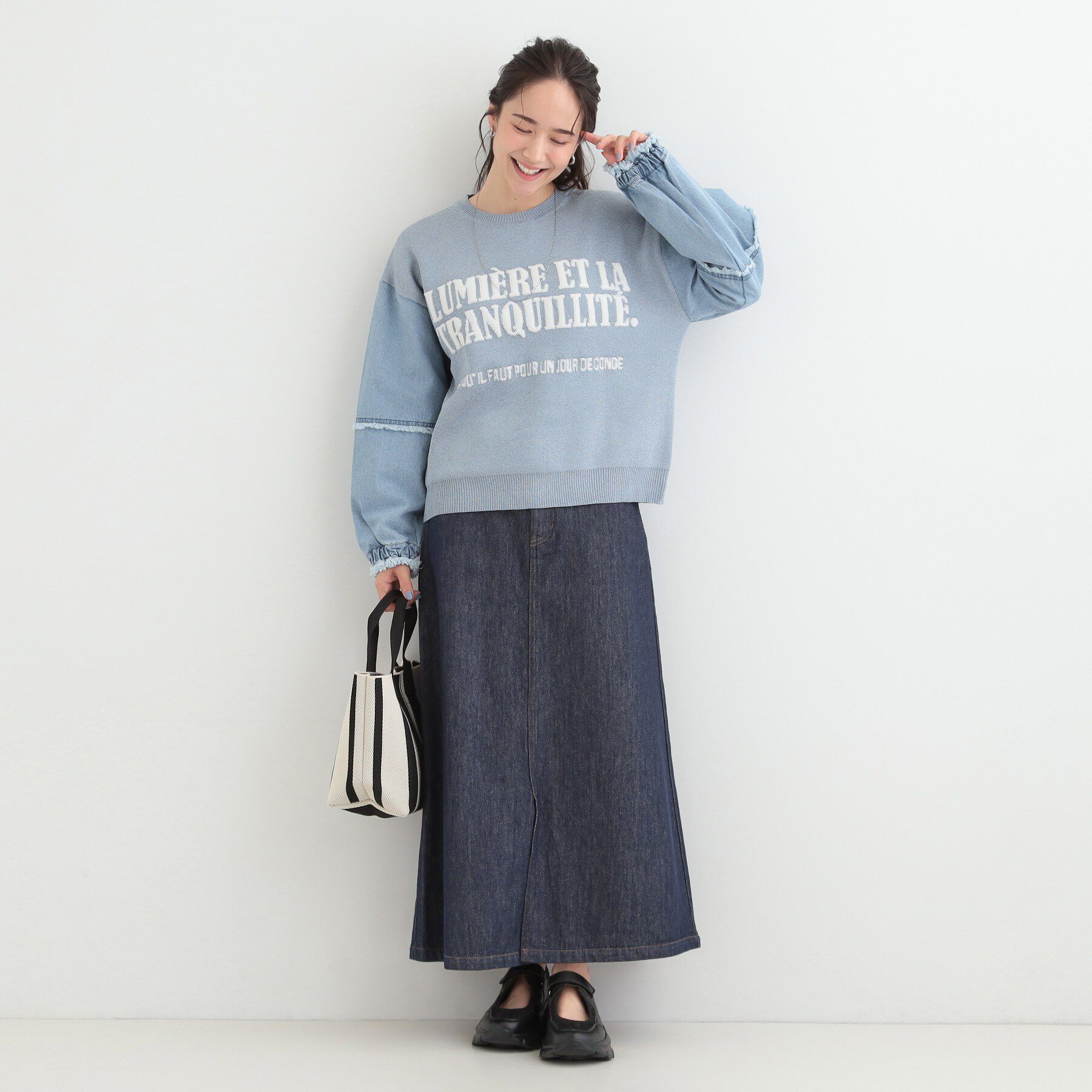 SHOO･LA･RUE「デニム袖切替ロゴニット」|ニット・セーター|