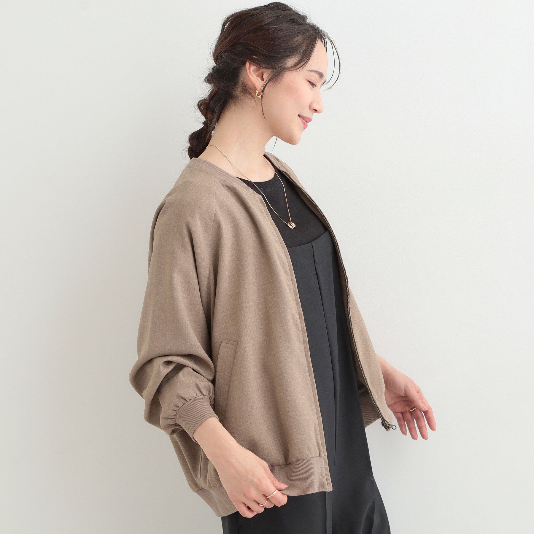 SHOO･LA･RUE「【洗濯機可/S-LL】さらっと快適　麻調ゆるリブブルゾン」|ブルゾン・スタジャン|