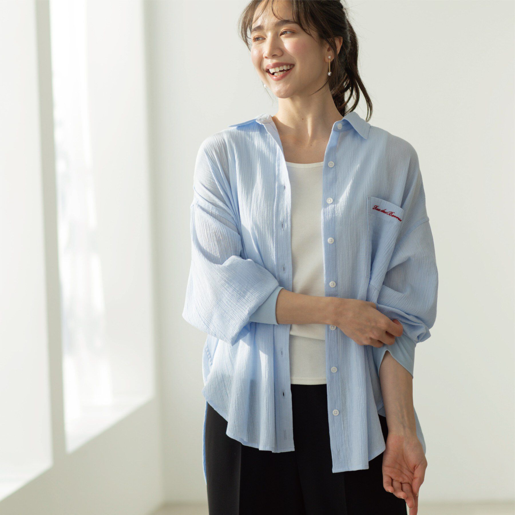 SHOO･LA･RUE「袖リブ楊柳オーバーシャツ」|シャツ・ブラウス|