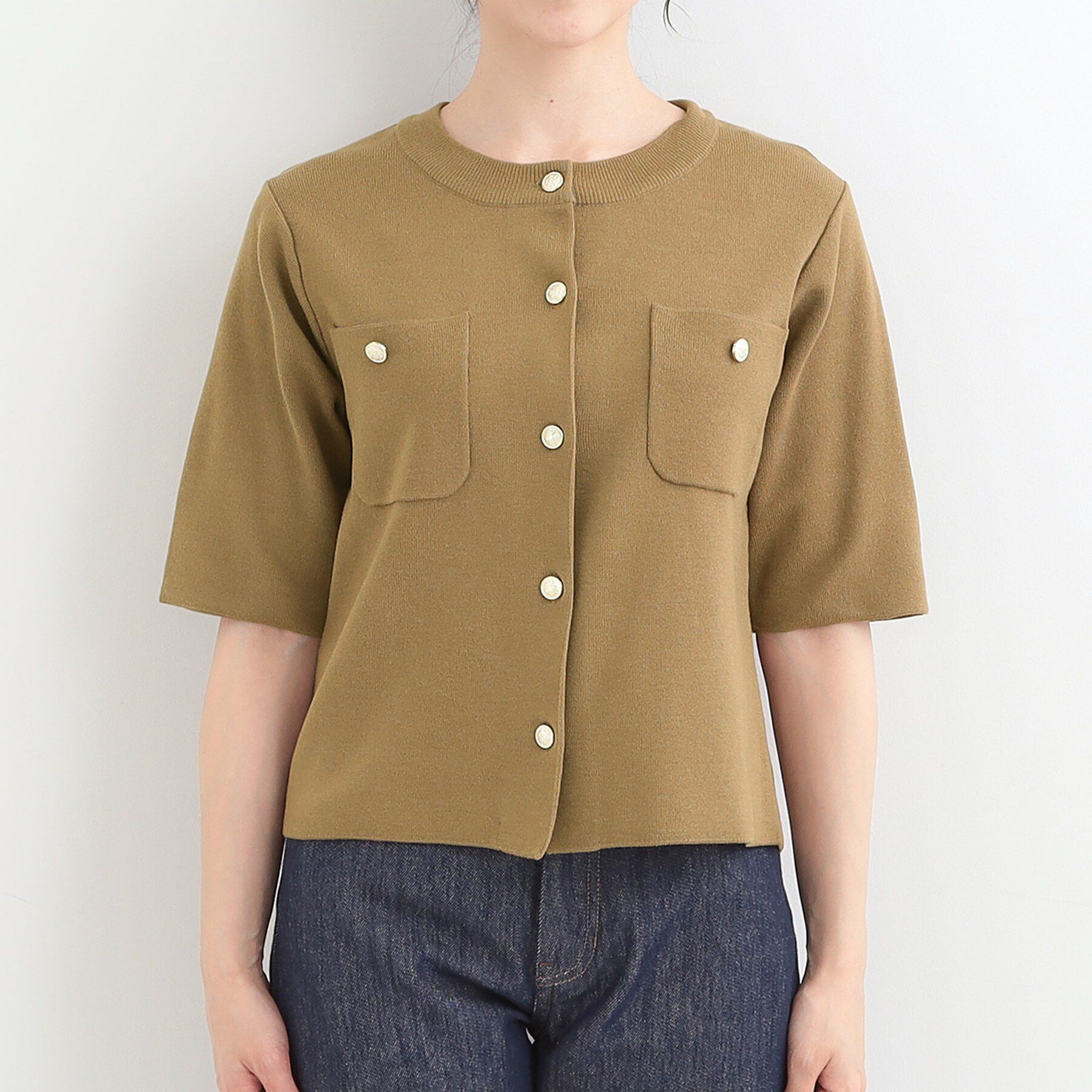 SHOO･LA･RUE「【S-LL/洗濯機可】金ボタン5分袖カーディガン」|カーディガン|