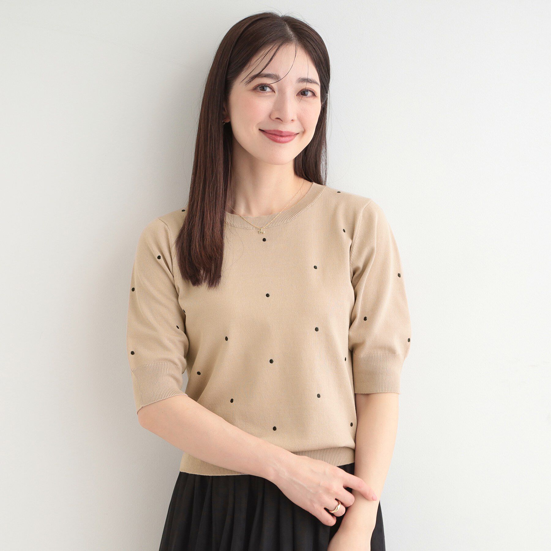 SHOO･LA･RUE「【S-LL/二の腕カバー】品よく隠せる　ドット刺繍5分袖ニット」|ニット・セーター|