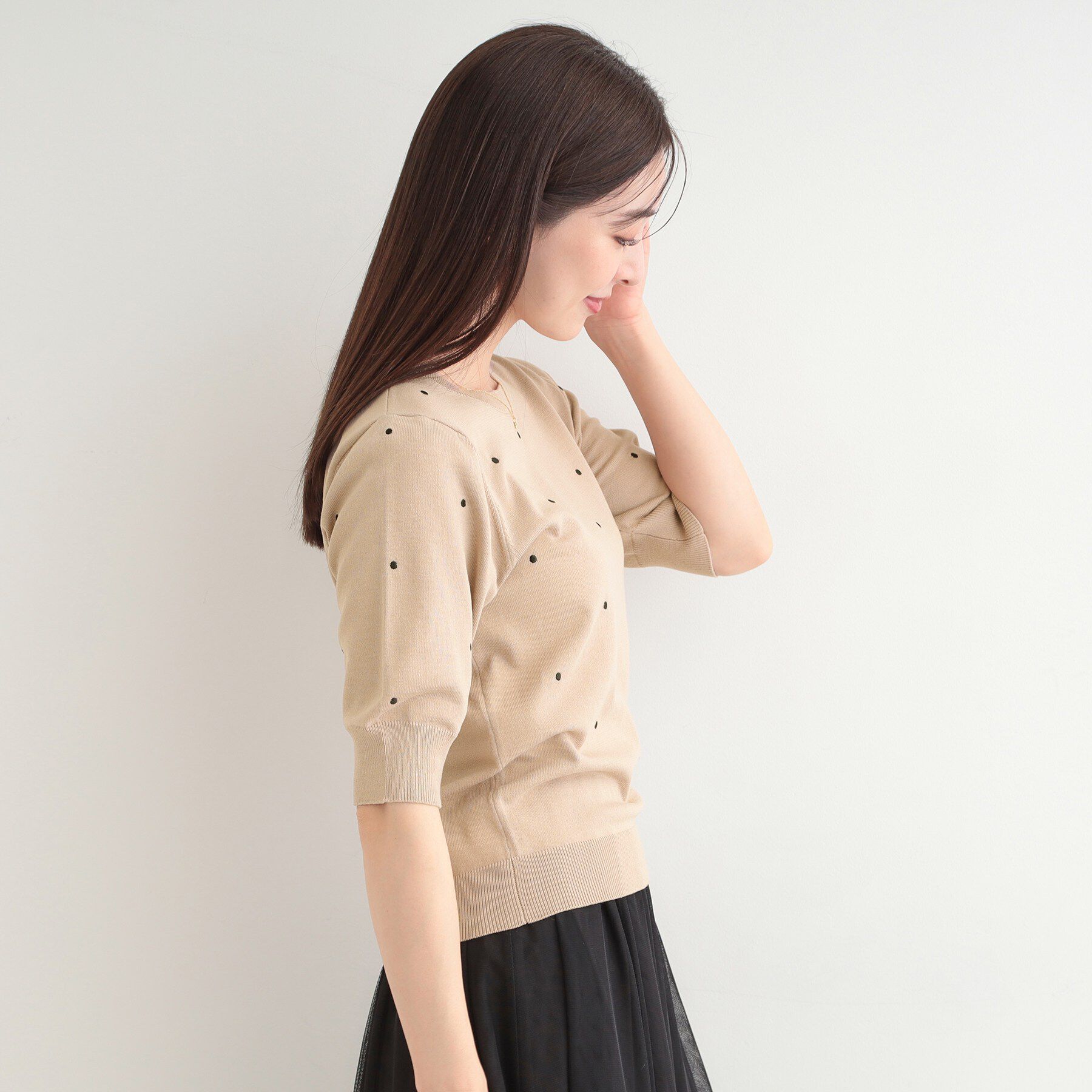 SHOO･LA･RUE「【S-LL/二の腕カバー】品よく隠せる　ドット刺繍5分袖ニット」|ニット・セーター|