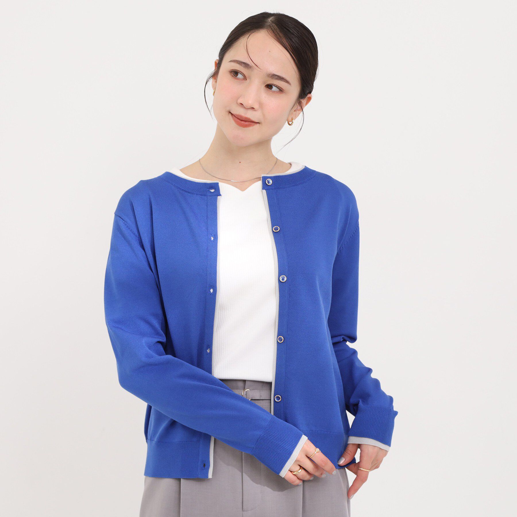 SHOO･LA･RUE「【洗濯機可/S-LL】配色がコーデのアクセントに レイヤード風クルーカーディガン」|カーディガン|