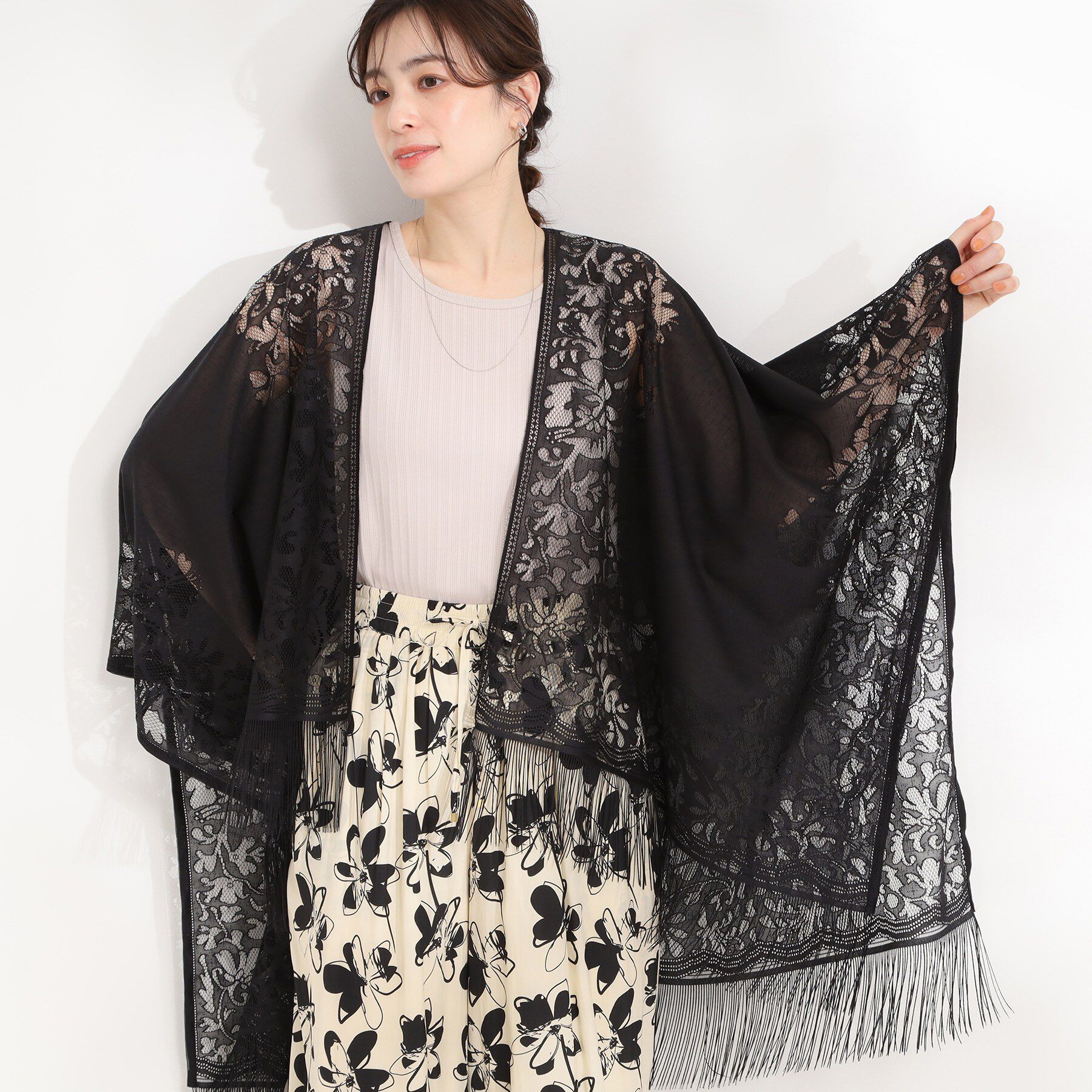 SHOO･LA･RUE「デイリーから和装まで幅広く使える レースポンチョ」|ポンチョ・ケープ|ブラック(019)