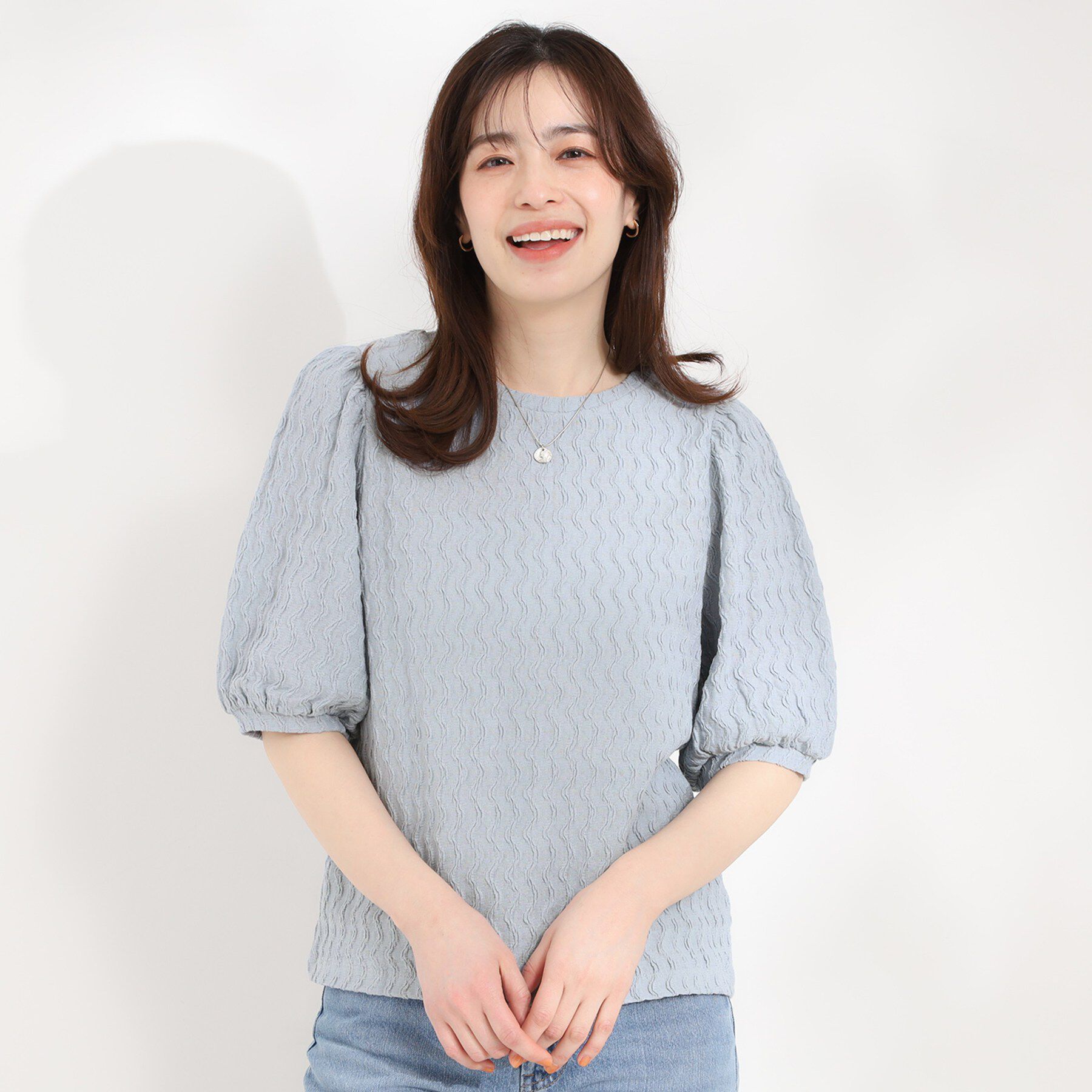 SHOO･LA･RUE「【洗濯機可/S-LL】ウェーブ柄ジャカード パフスリーブトップス」|Tシャツ・カットソー|