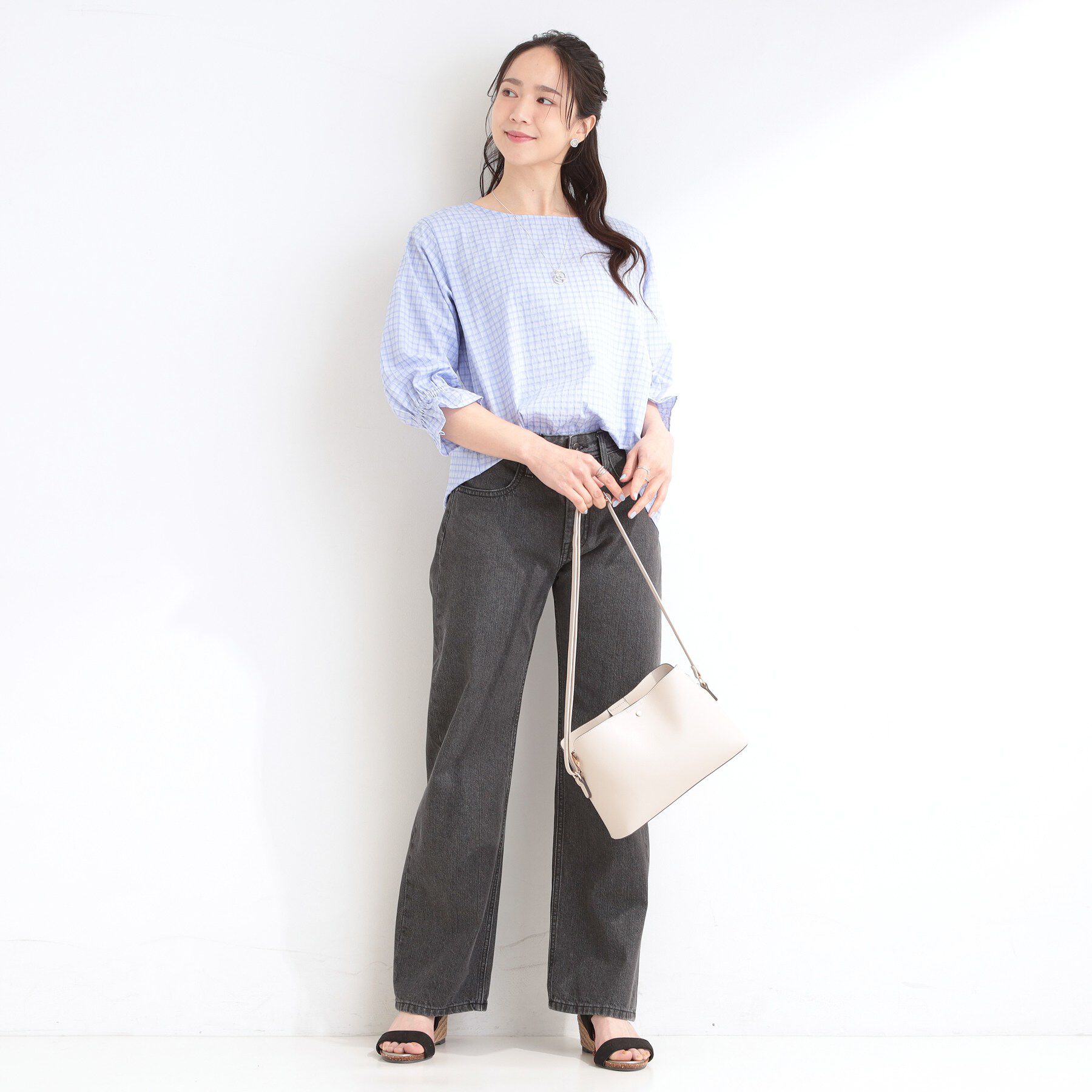 SHOO･LA･RUE「【セットアップ可/S-LL/洗濯機可】二の腕もカバーしてくれる　さらっとした着心地のサッカーチェック」|シャツ・ブラウス|