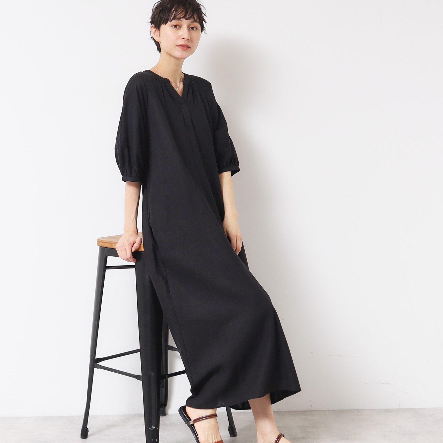 Dessin「【洗える】パフスリーブAラインワンピース（S～L）」|ワンピース|ブラック(019)