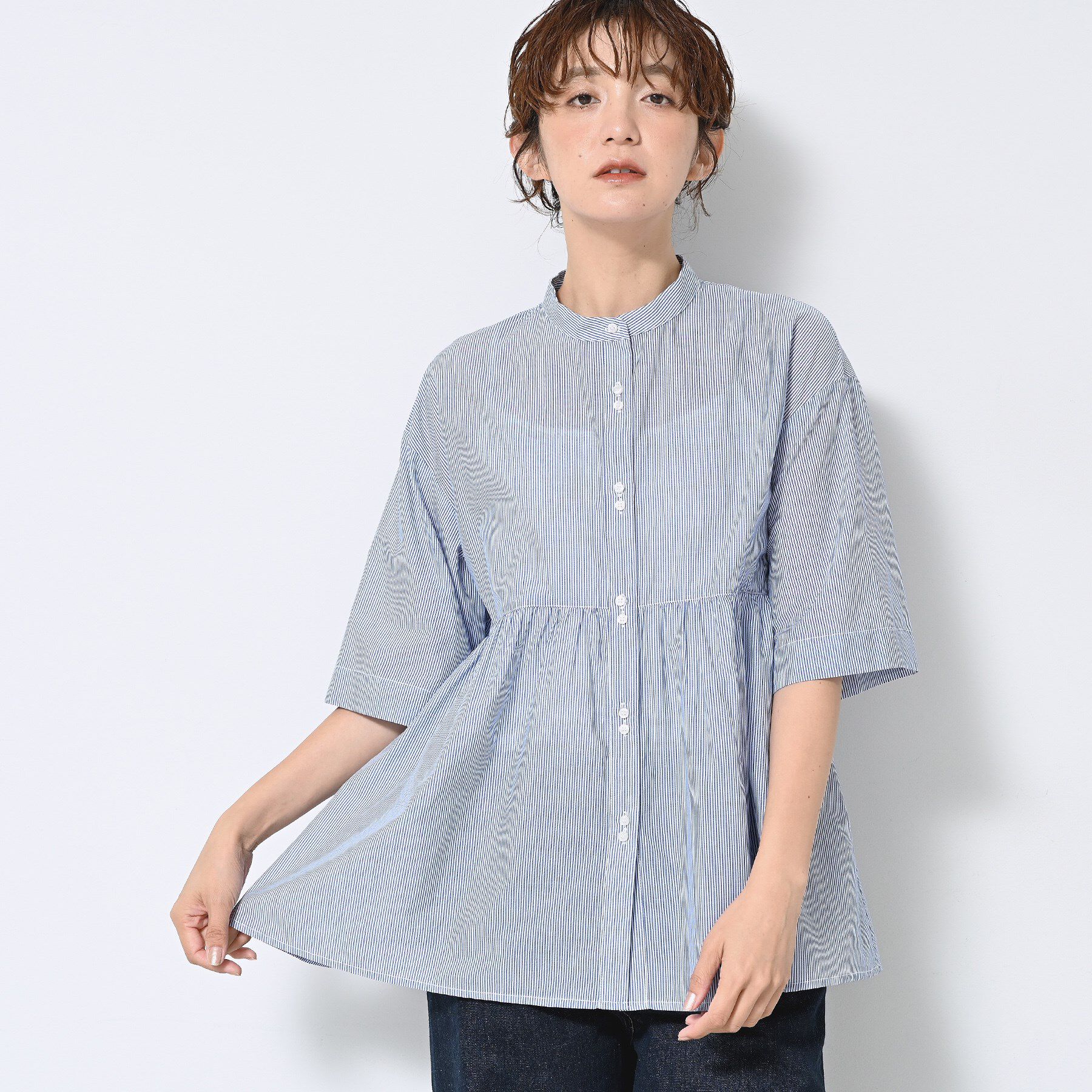 Dessin「【洗える／体型カバー】バンドカラーペプラムブラウス」|シャツ・ブラウス|