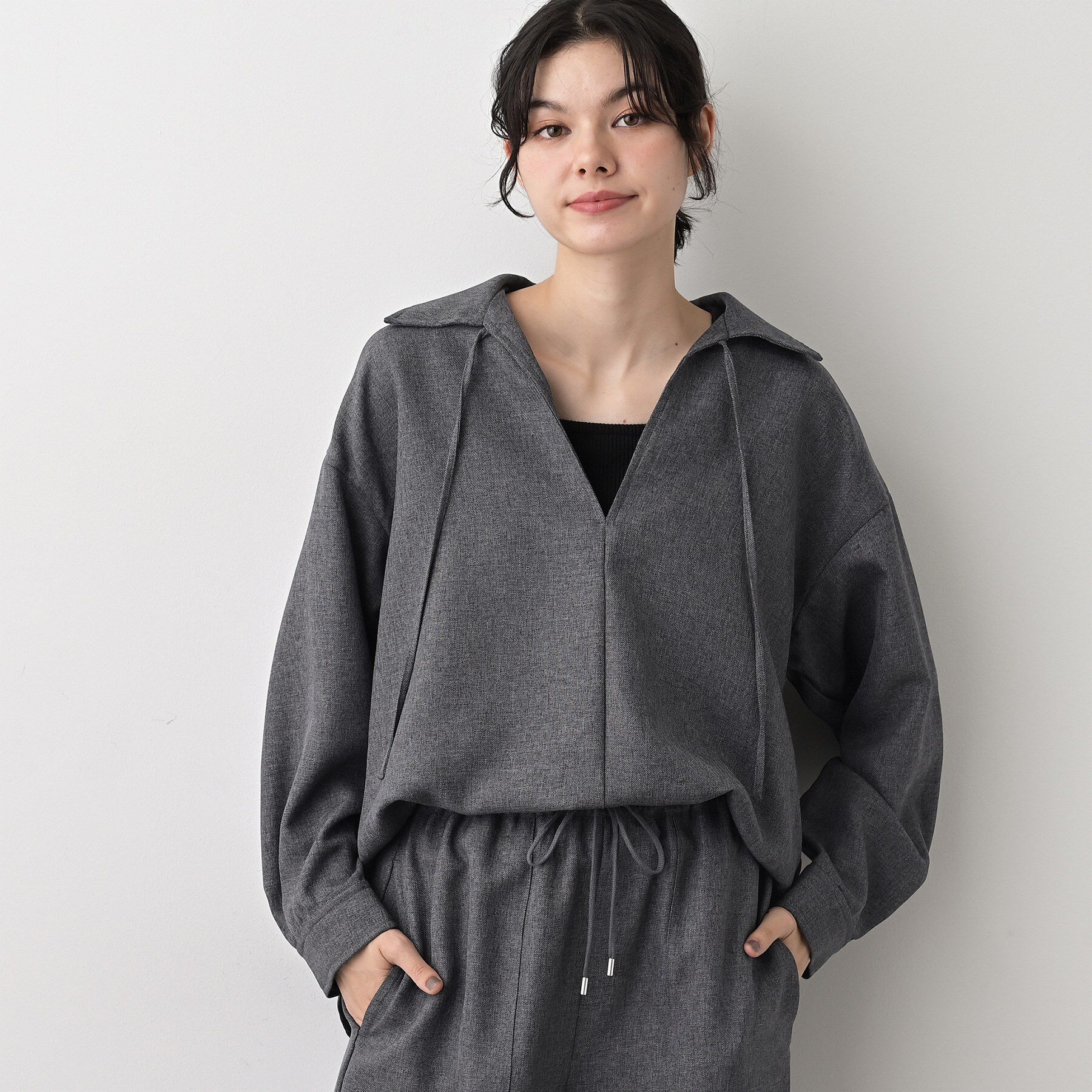 Dessin「【セットアップ可/洗える】ツイードライクスキッパーシャツ」|シャツ・ブラウス|ブラック(019)