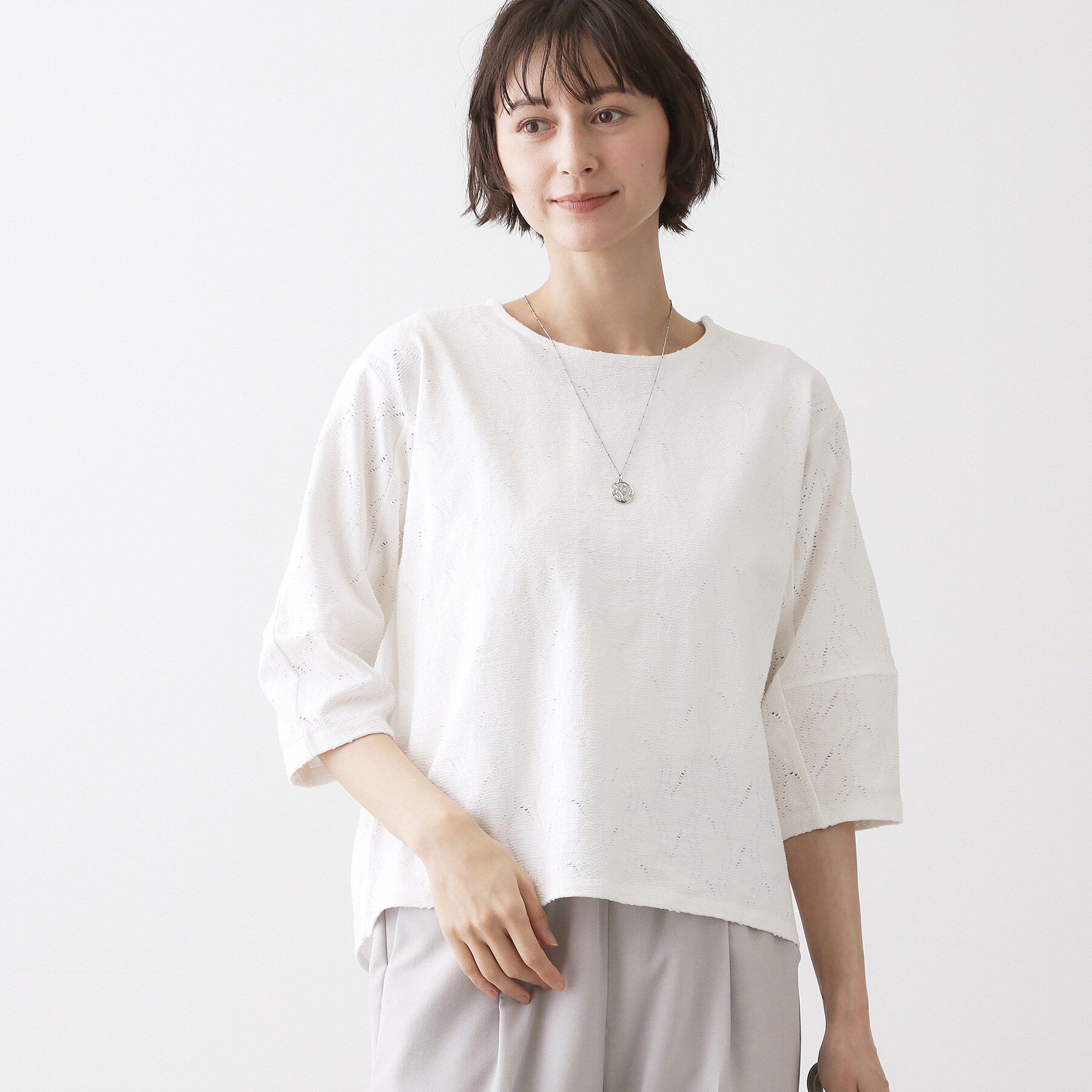 Dessin「【洗える】七分袖レースカットソー」|Tシャツ・カットソー|ホワイト(002)