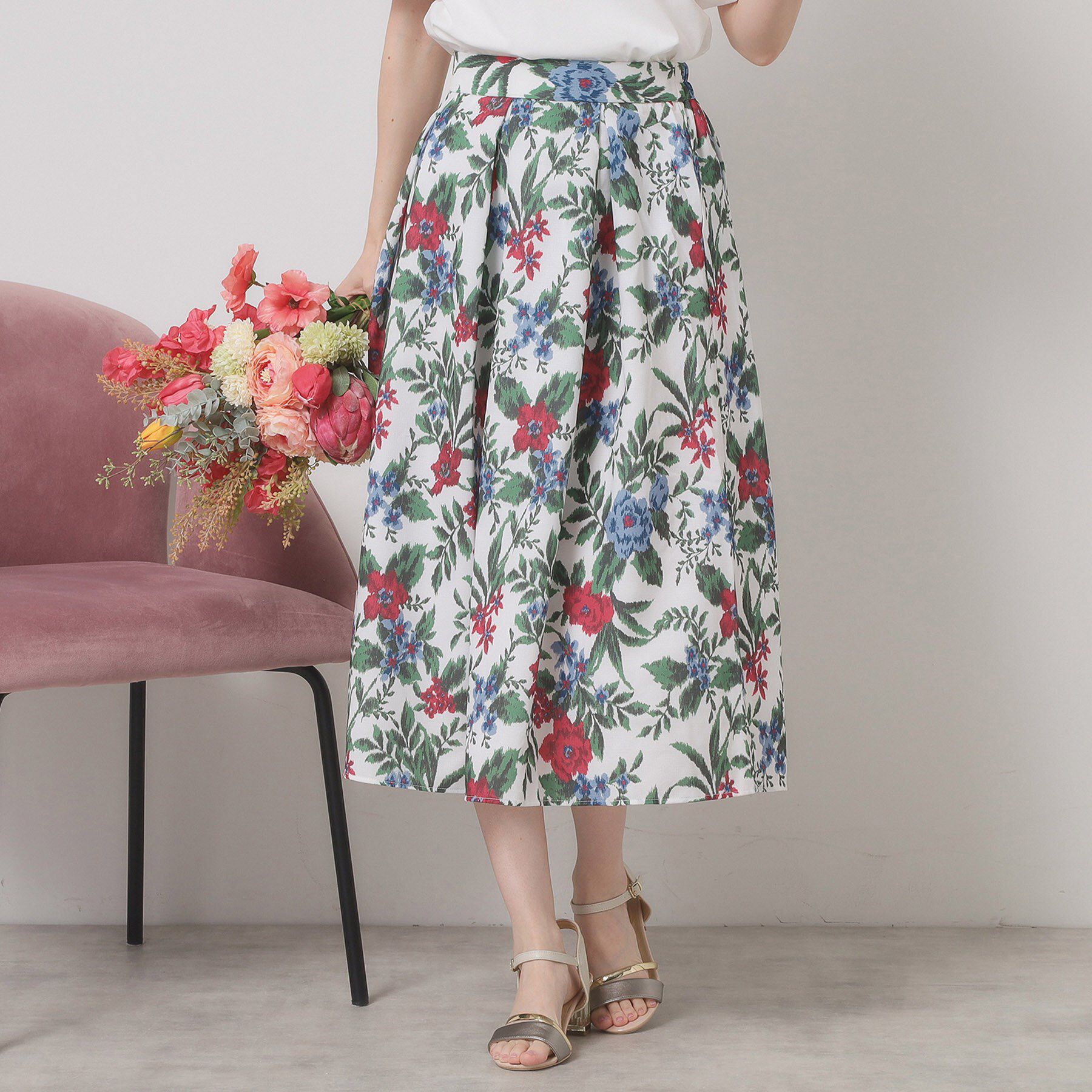 ITS&rsquo;DEMO「【清涼感／ウエストゴム／手洗い可】花柄麻調スカート」|スカート|オフホワイト(103