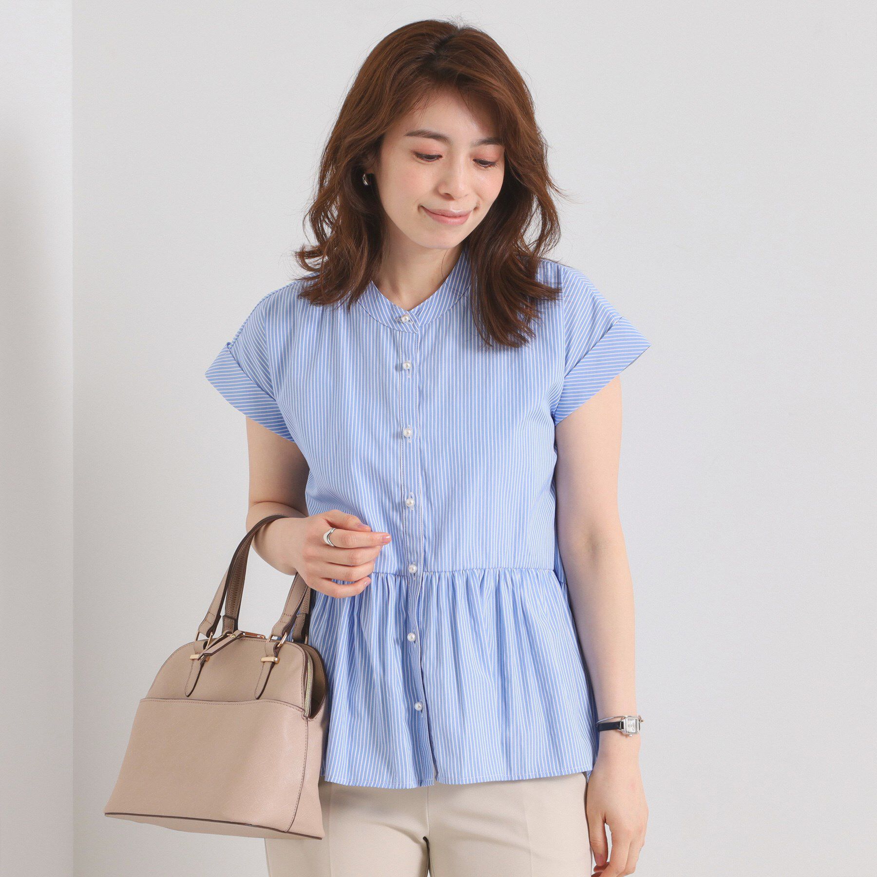 ITS&rsquo;DEMO「【接触冷感／手洗い可】ストライプペプラムブラウス」|シャツ・ブラウス|ブルー(392)