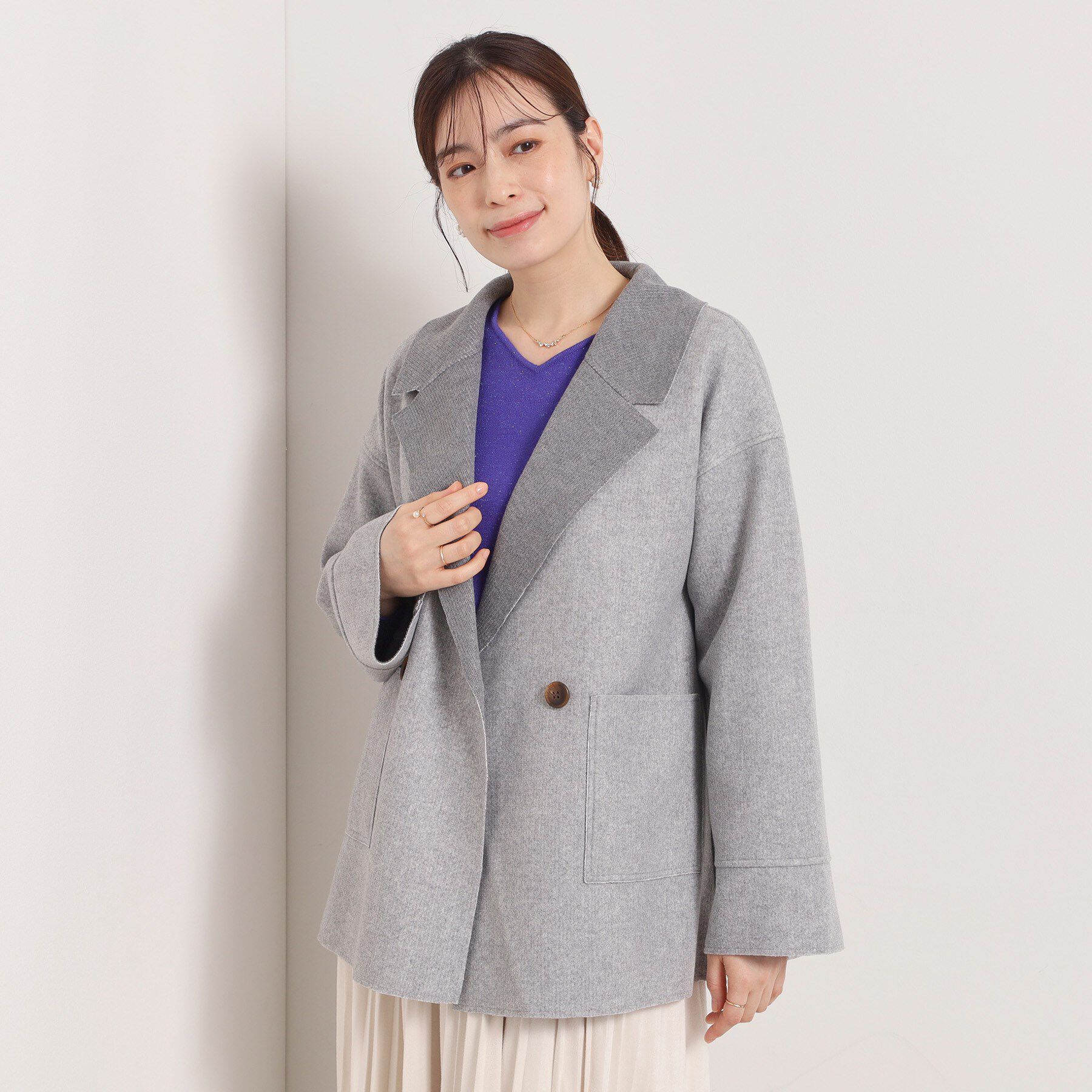 ITS&rsquo;DEMO「裏リブミディ丈ダブルコート」|チェスターコート|ライトグレー(011