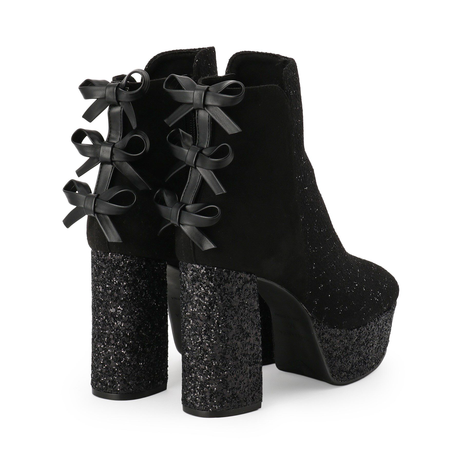 ESPERANZA「【ラク盛り/ショートブーツ】リピーター続出／脚長美脚 バックリボングリッターヒールショートブーツ」|ショートブーツ|