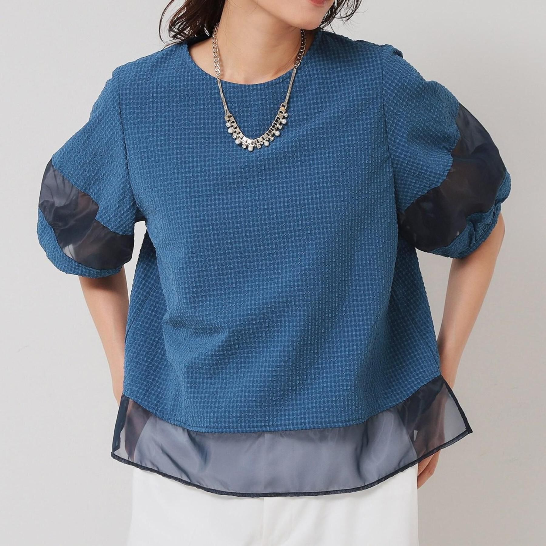 SunaUna「【5分袖】ボリュームパフスリーブトップス」|シャツ・ブラウス|ブルー(092)