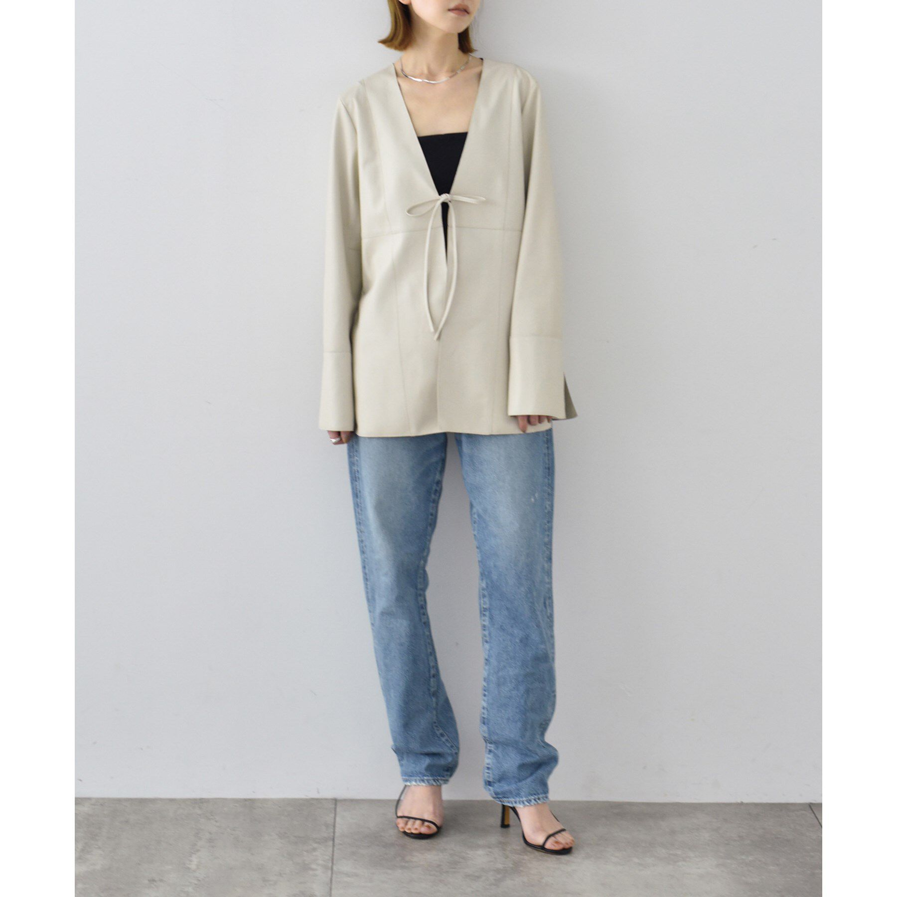 CODE A「front ribbon leather jacket」|ノーカラージャケット|